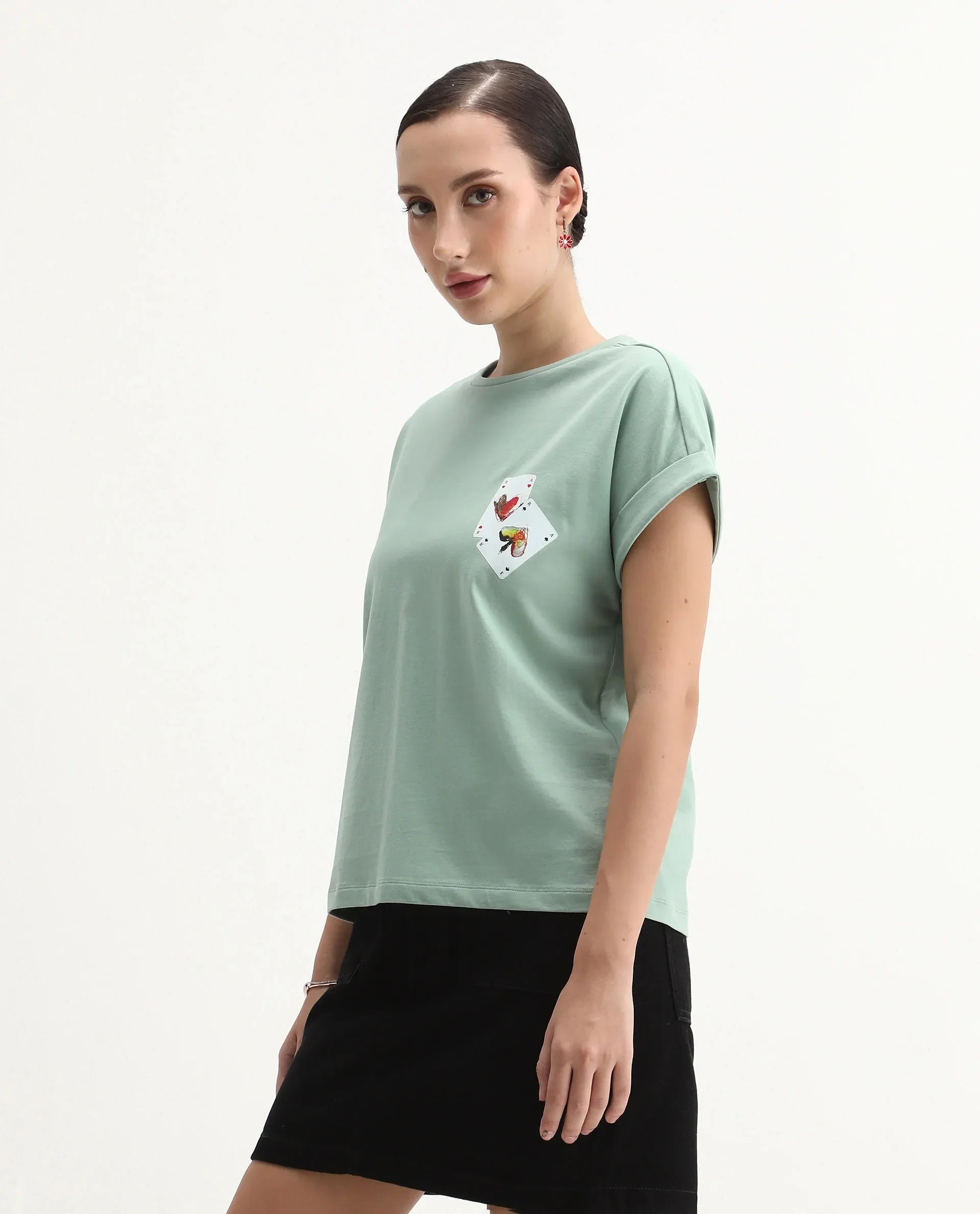 Rareism Women's Cerd Light Green Cotton Fabric Crew Neck Relaxed Fit Graphic Print T-Shirt