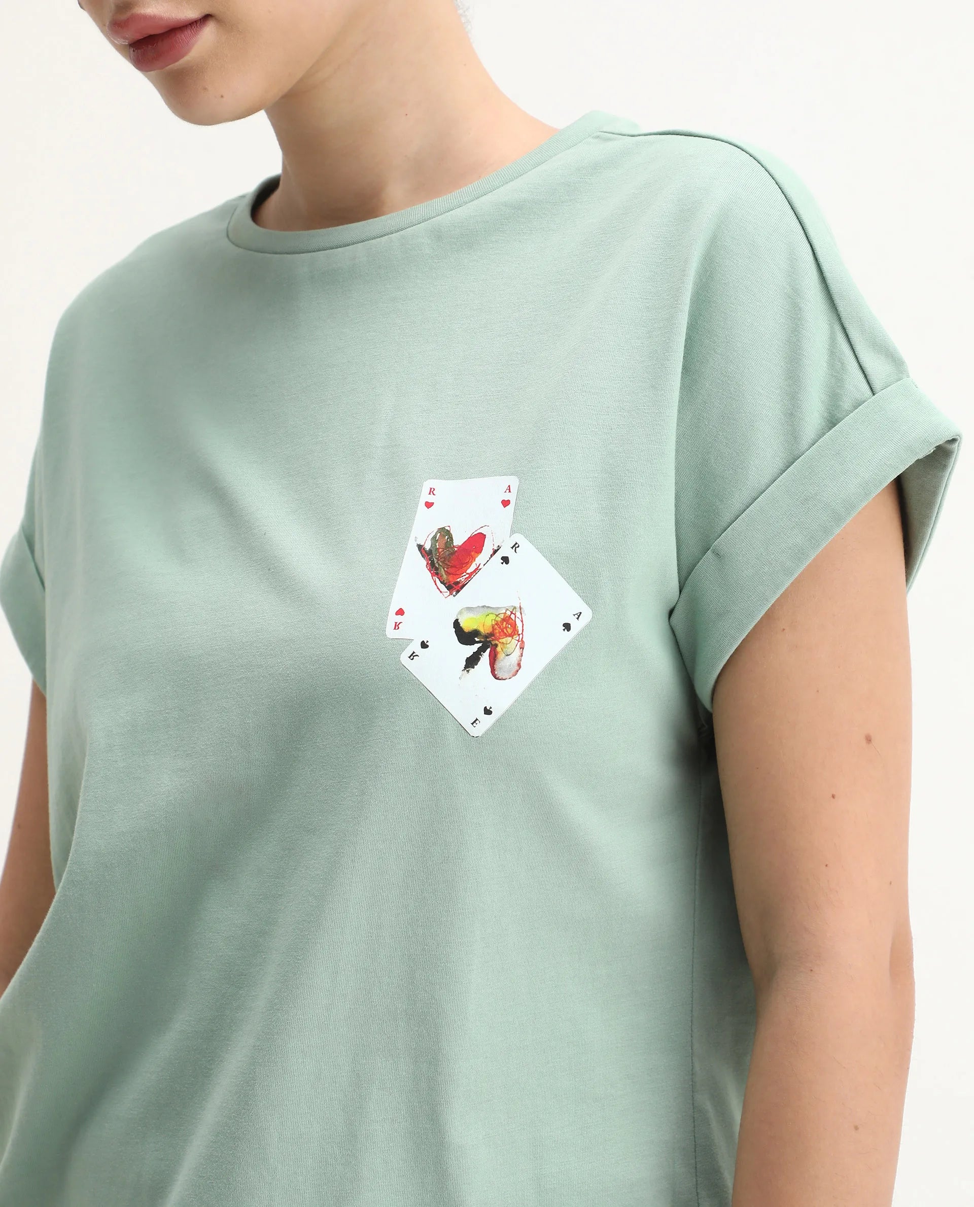 Rareism Women's Cerd Light Green Cotton Fabric Crew Neck Relaxed Fit Graphic Print T-Shirt