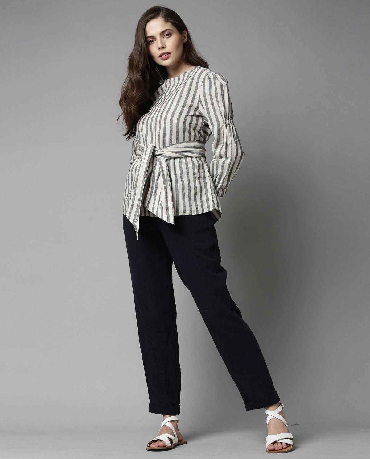 Rareism Women Ceris Navy Top Short Sleeves Stripe