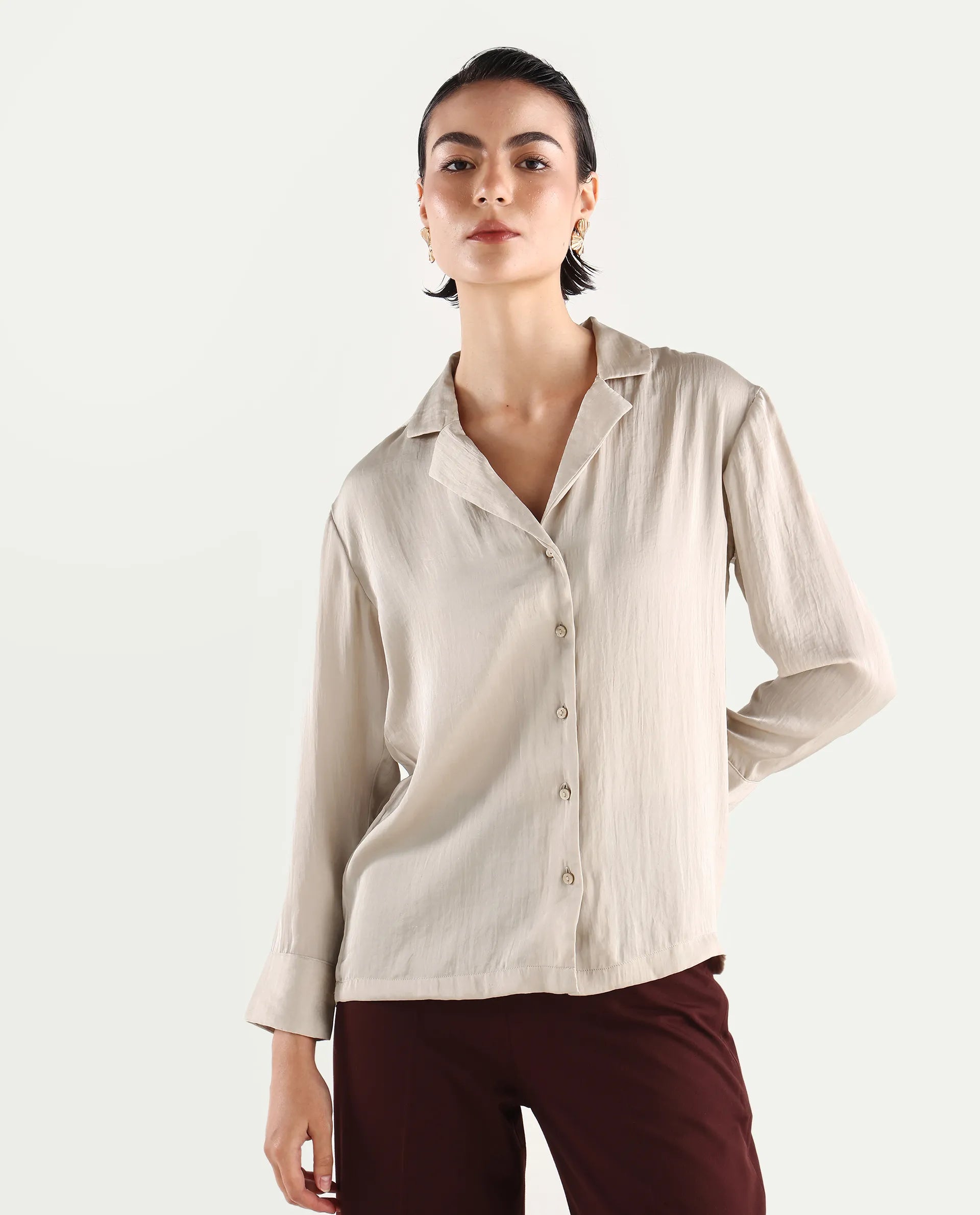 Rareism Women's Chant Beige Lapel Neck Plain Cuffed Sleeve Regular Fit Top