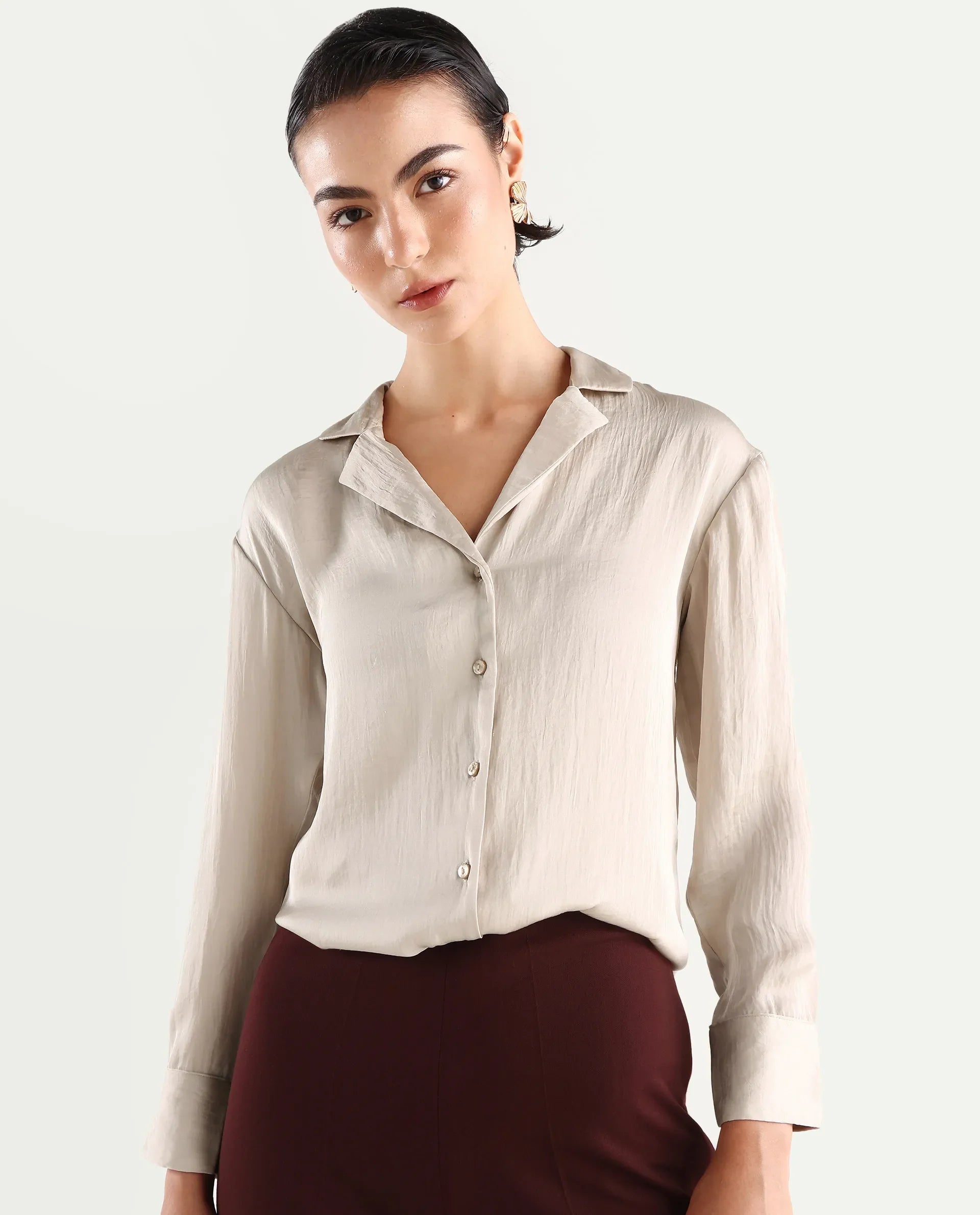 Rareism Women's Chant Beige Lapel Neck Plain Cuffed Sleeve Regular Fit Top