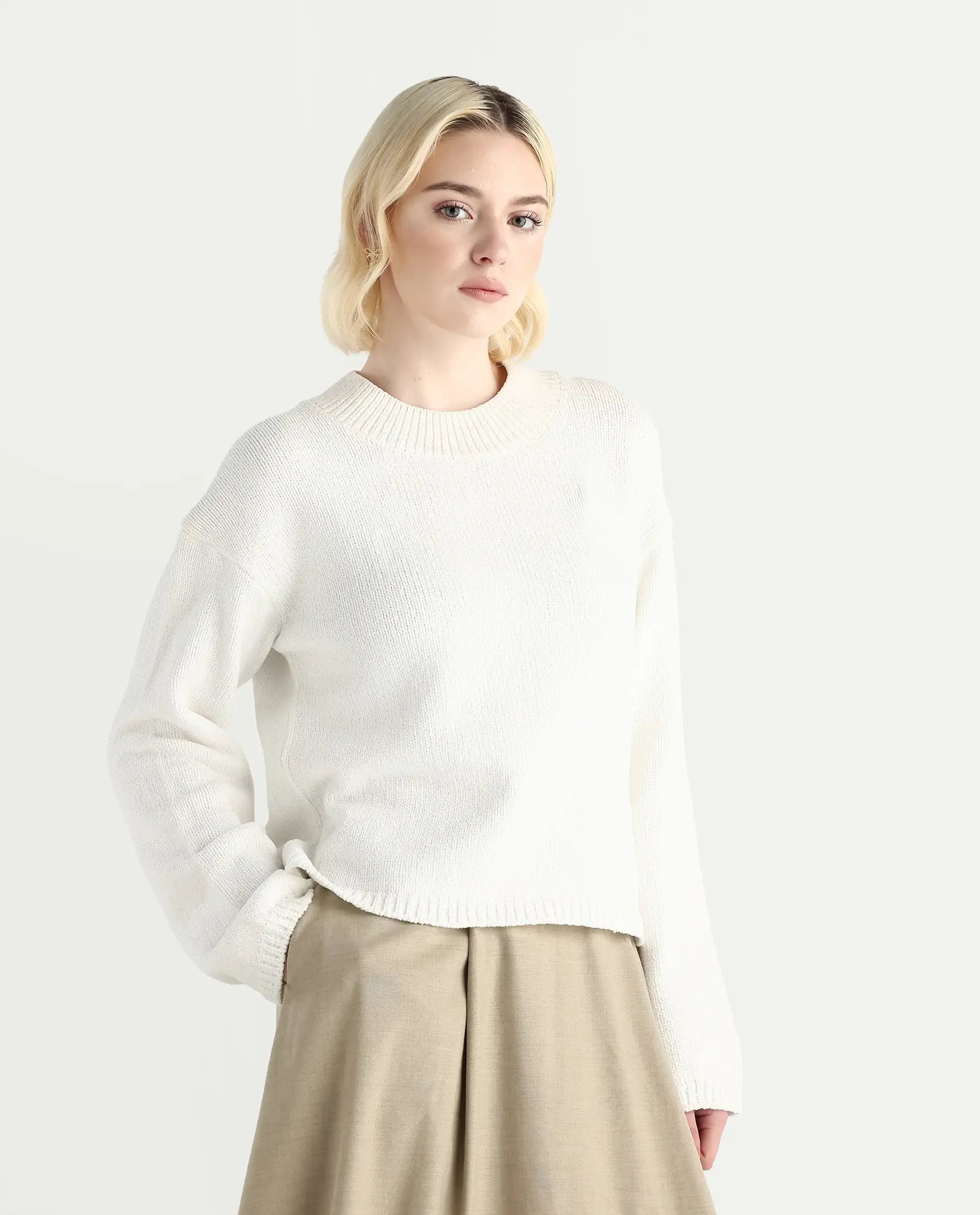 Rareism Women's Chenin Off White Polyester High Neck Oversize Fit Sweater