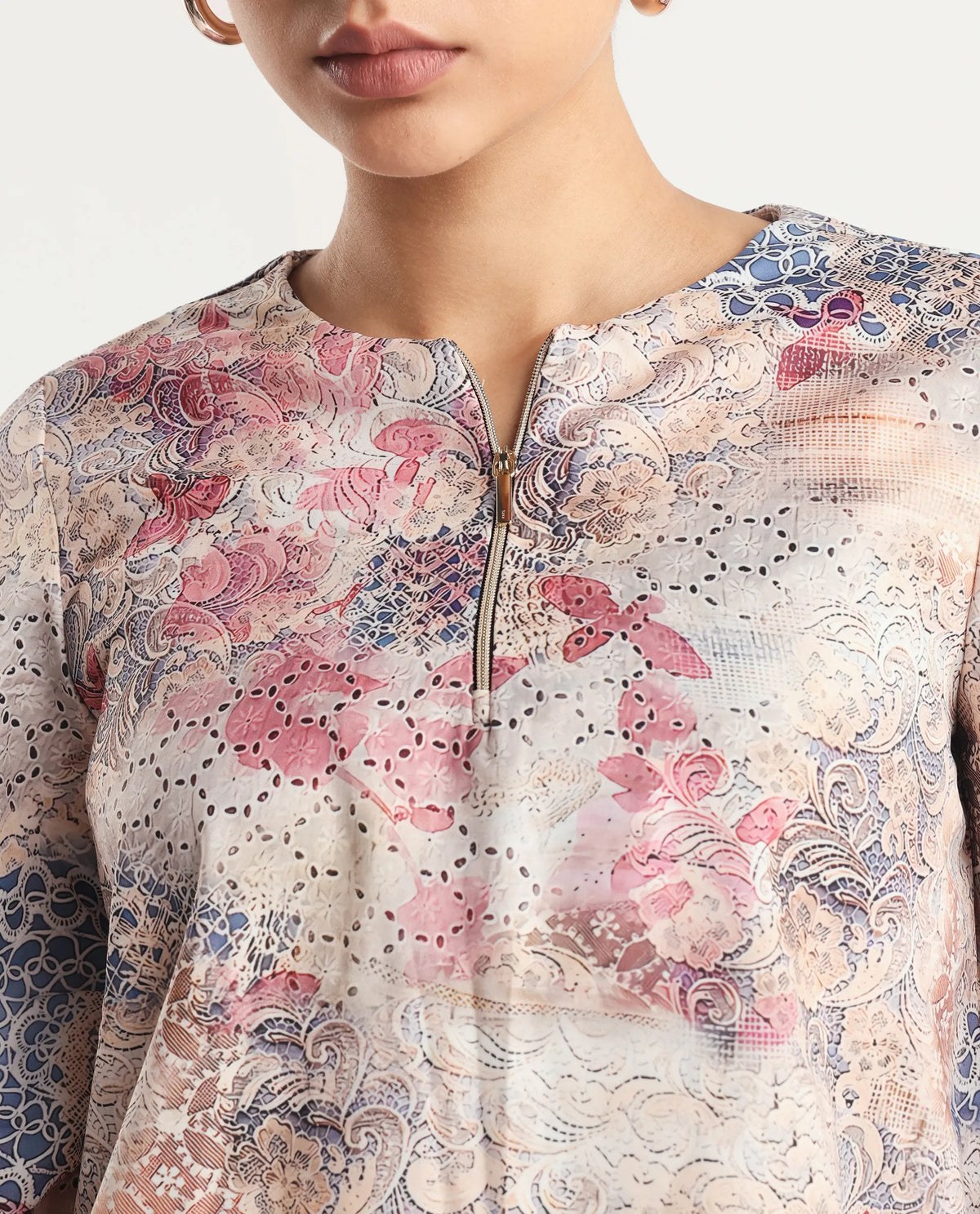 Rareism Women's Ciko Light Multi Satin Round Neck Abstract Print Volume Sleeve Regular Fit Top