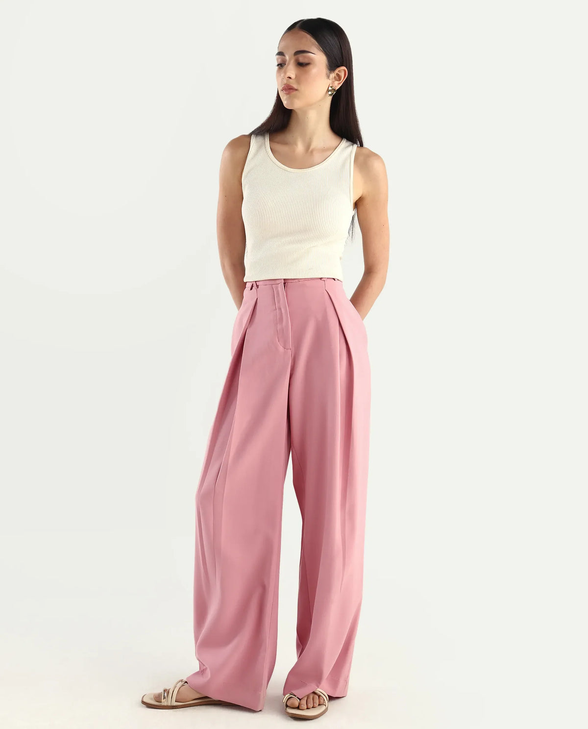Rareism Women's Pink Poly Lycra Plain Ankle Length Wide Trouser