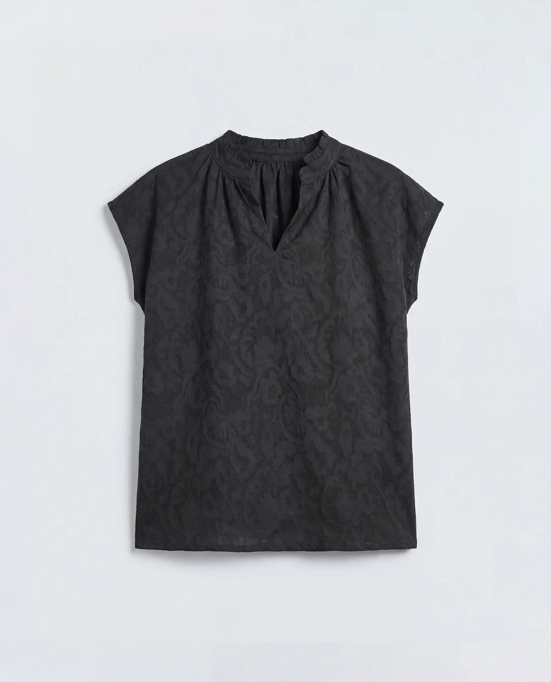 Rareism Women's Closia Black Cotton Half Sleeve Relaxed Fit Jacquard Top