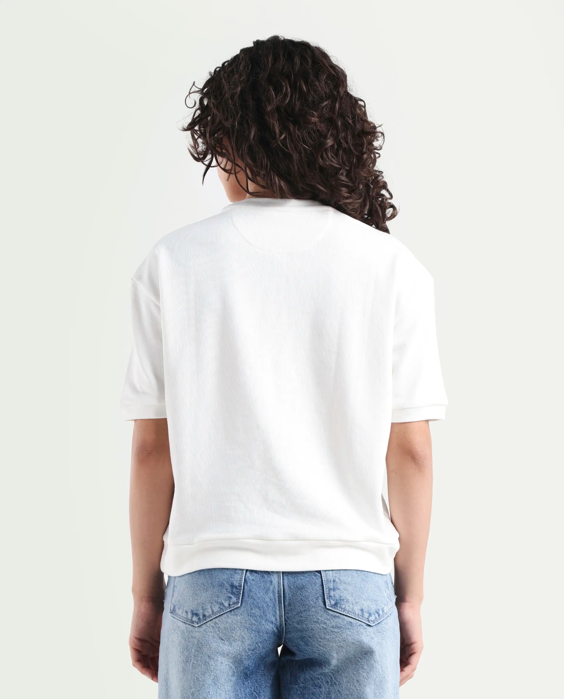Rareism Women's Medium Weight Terry 290 Gsm Cotton Crew Neck Plain Relaxed Fit Sweat Tee