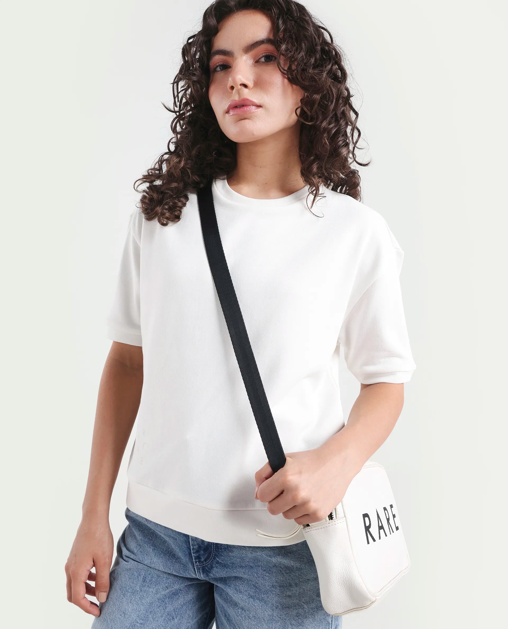 Rareism Women's Medium Weight Terry 290 Gsm Cotton Crew Neck Plain Relaxed Fit Sweat Tee