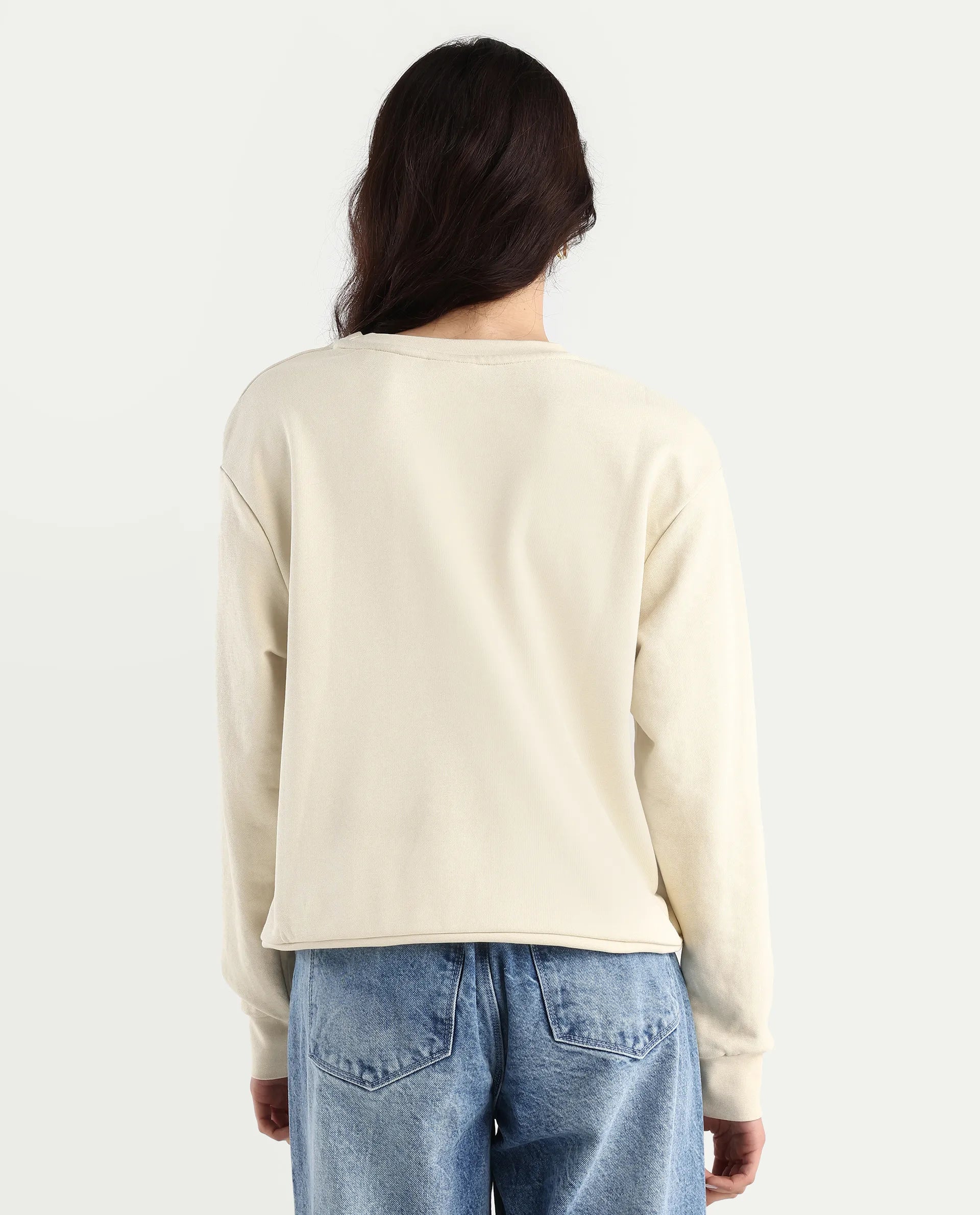 Rareism Women's Colad Beige Cotton Blend Crew Neck Graphic Print Relaxed Fit Sweatshirt