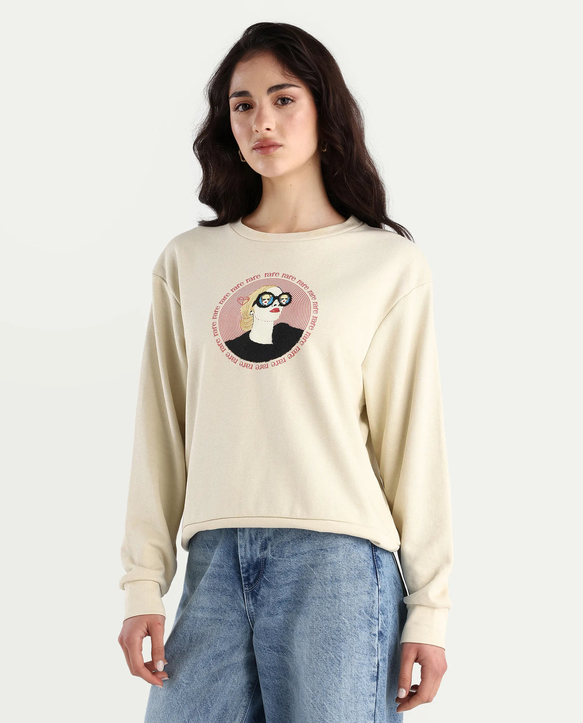 Rareism Women's Colad Beige Cotton Blend Crew Neck Graphic Print Relaxed Fit Sweatshirt