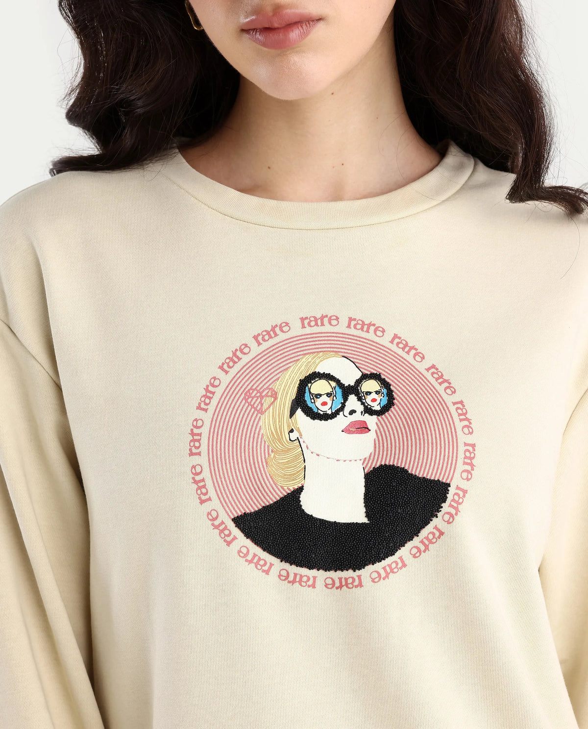 Rareism Women's Colad Beige Cotton Blend Crew Neck Graphic Print Relaxed Fit Sweatshirt