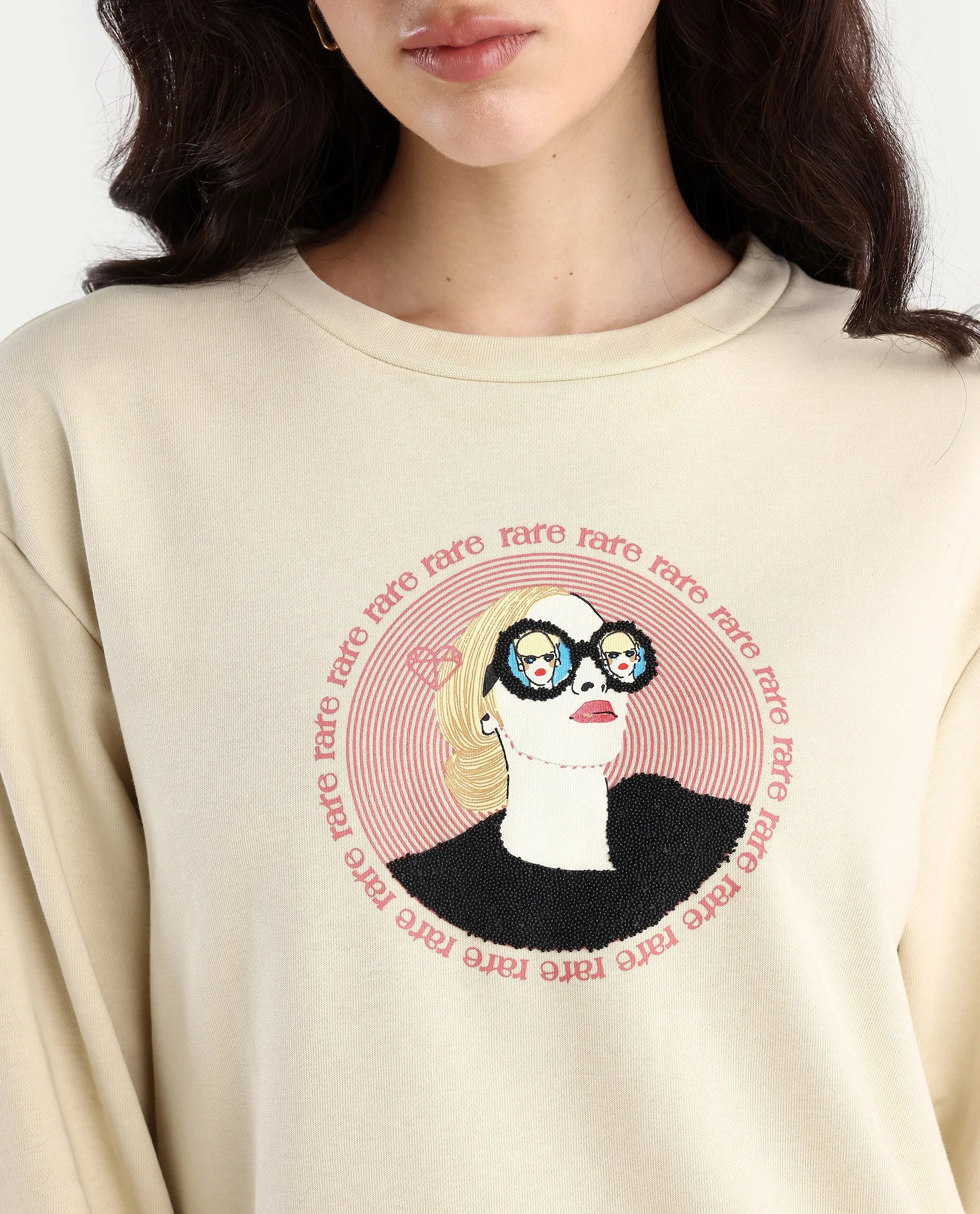 Rareism Women's Colad Beige Cotton Blend Crew Neck Graphic Print Relaxed Fit Sweatshirt