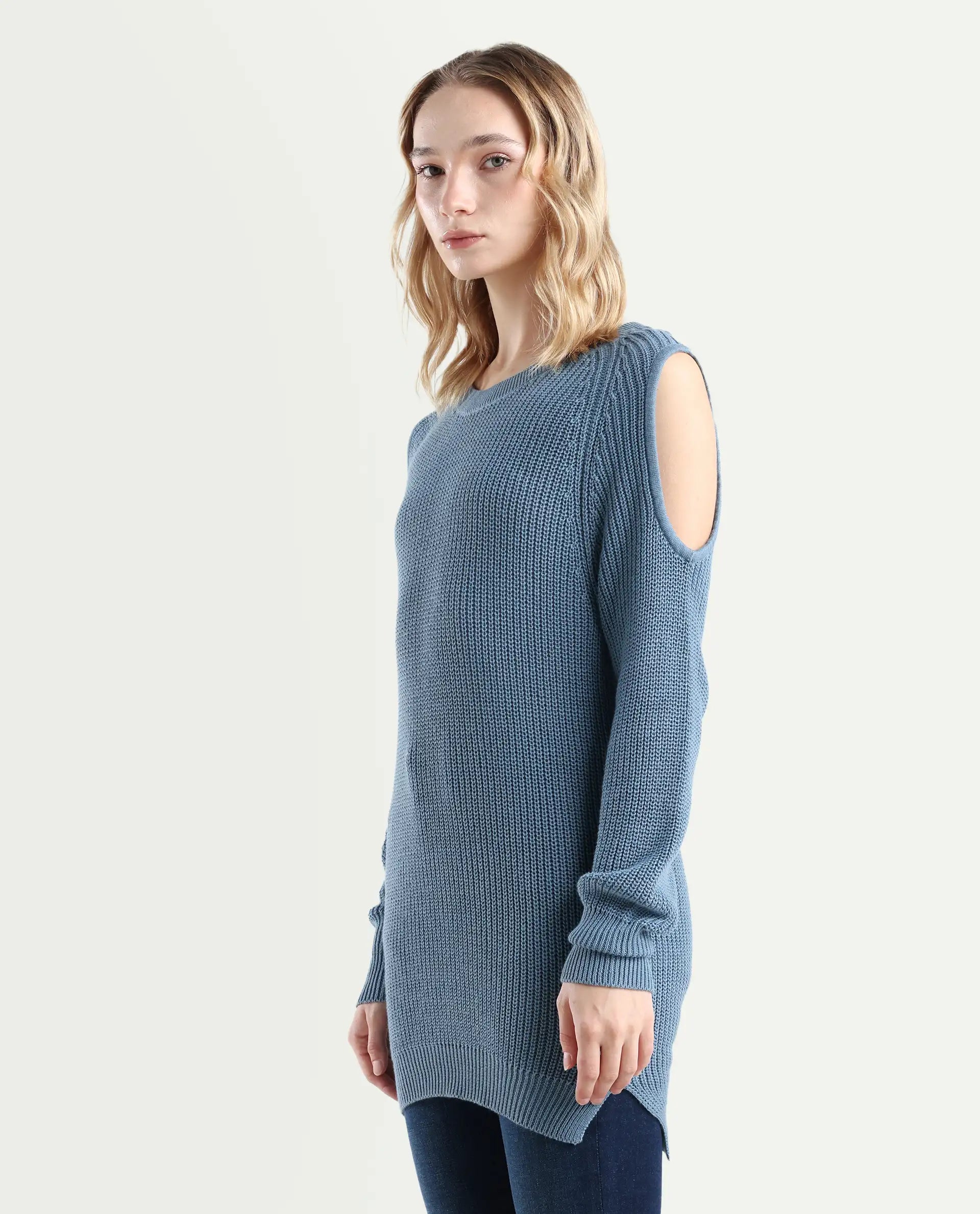 Rareism Women's Cold Navy Cotton Boat Neck Plain Slim Fit Sweater