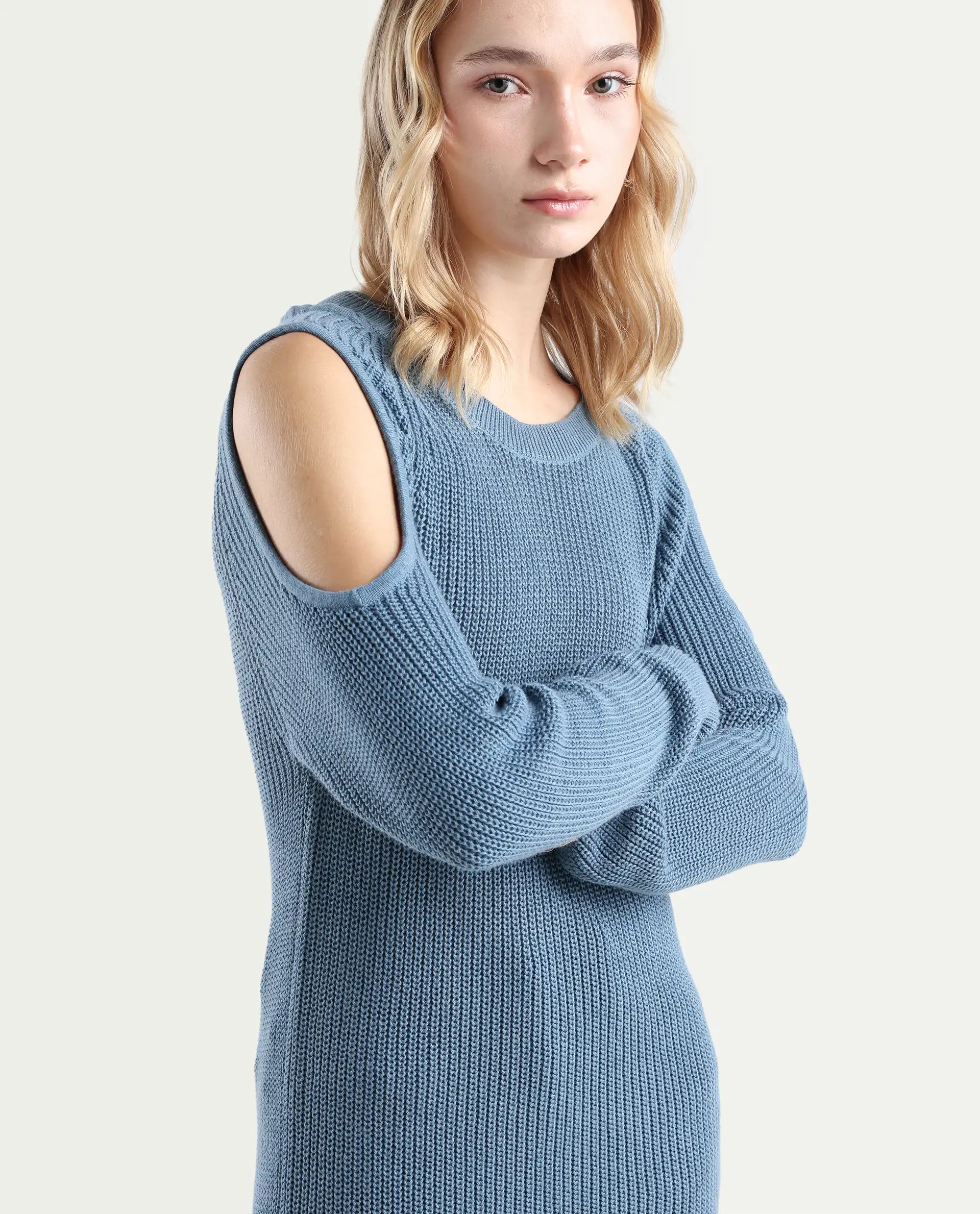 Rareism Women's Cold Navy Cotton Boat Neck Plain Slim Fit Sweater