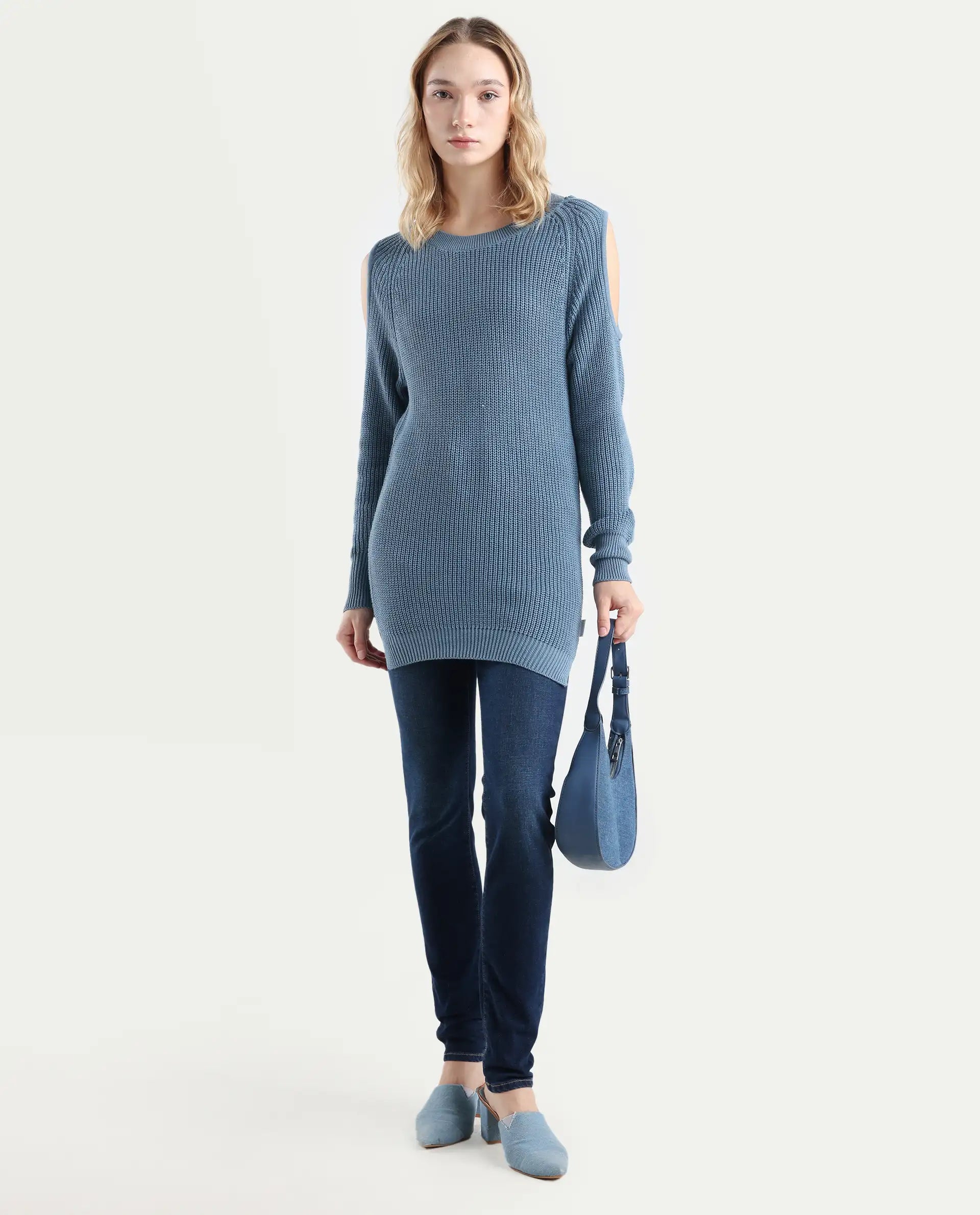 Rareism Women's Cold Navy Cotton Boat Neck Plain Slim Fit Sweater