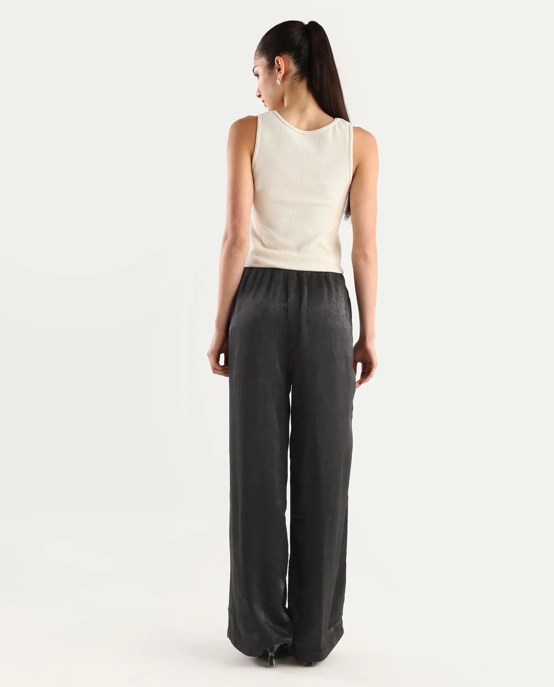 Rareism Women's Colet Black Polyester Plain Ankle Length Wide Trouser