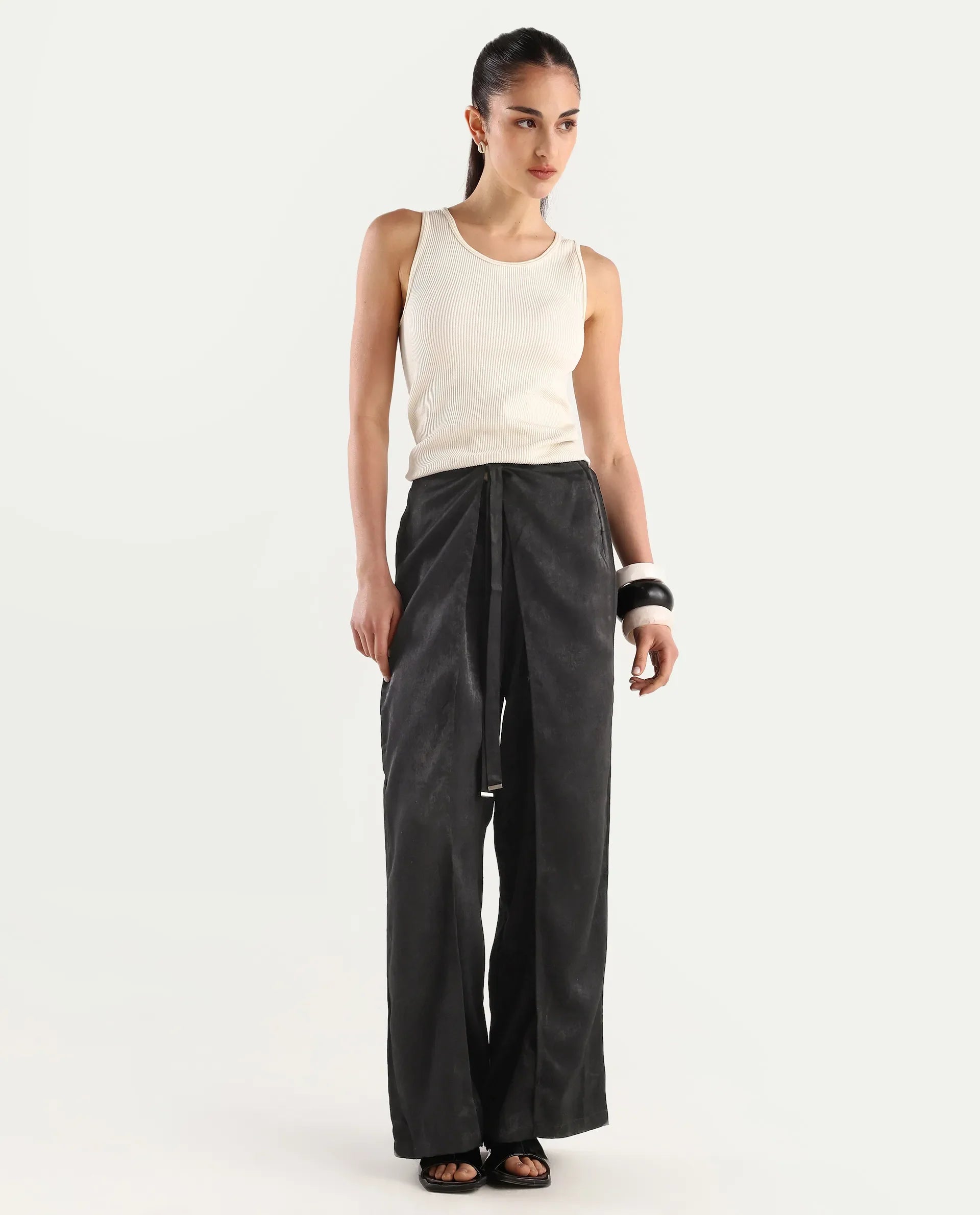 Rareism Women's Colet Black Polyester Plain Ankle Length Wide Trouser