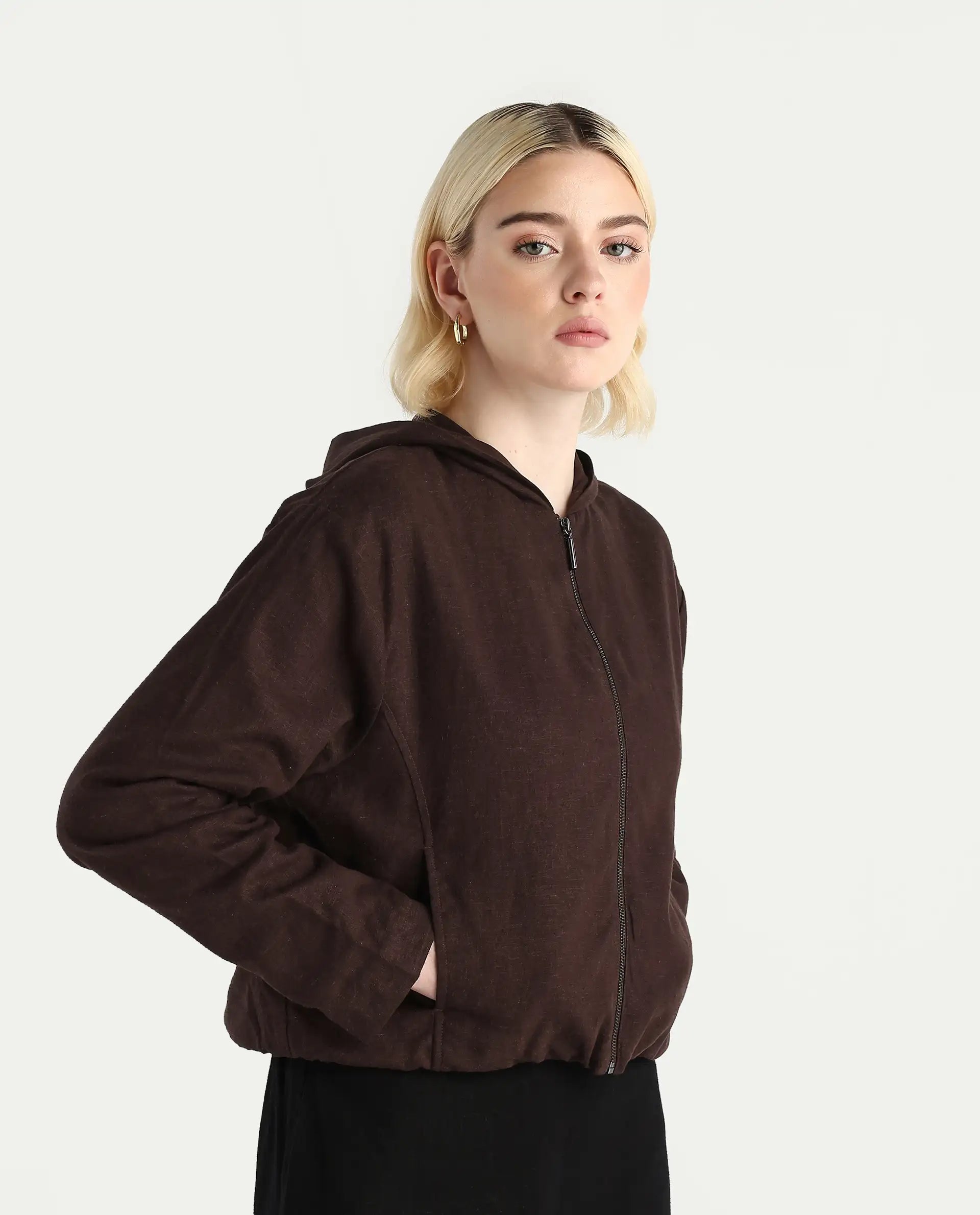 Rareism Women's Colin-T Prune Linen Blend Hooded Regular Fit Jacket