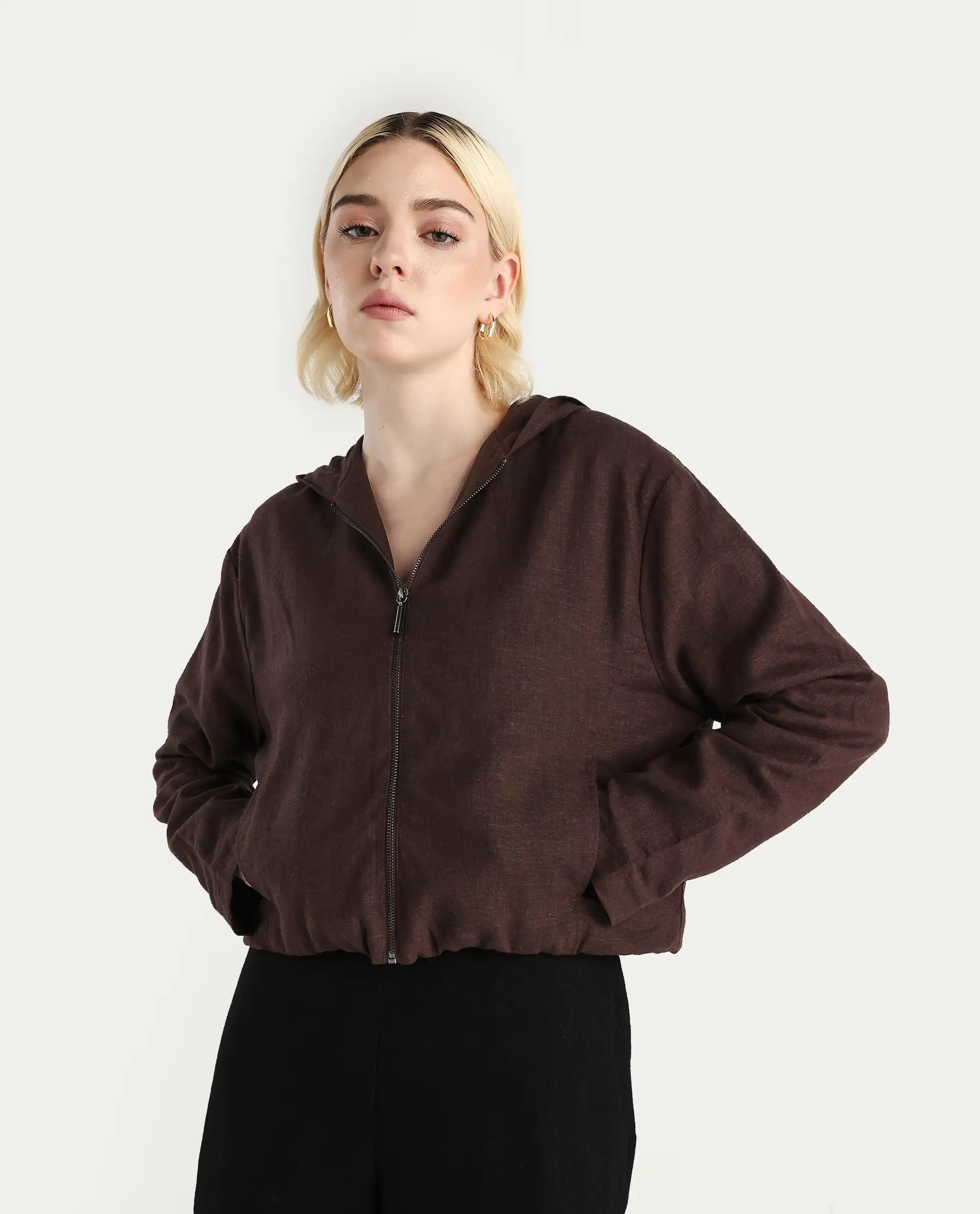 Rareism Women's Colin-T Prune Linen Blend Hooded Regular Fit Jacket