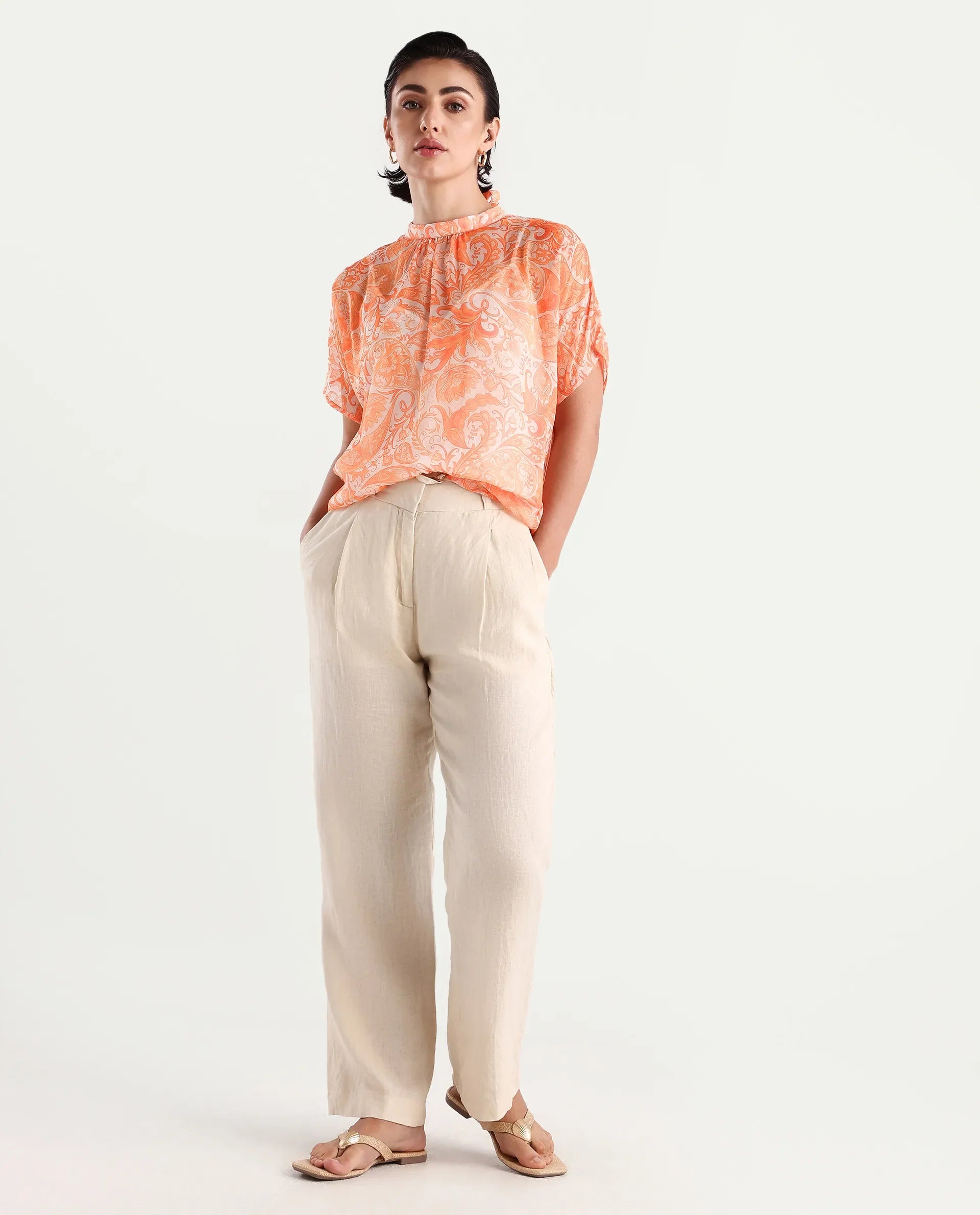 Rareism Women's Collen Orange Polyester High Neck Abstract Print Regular Fit Top
