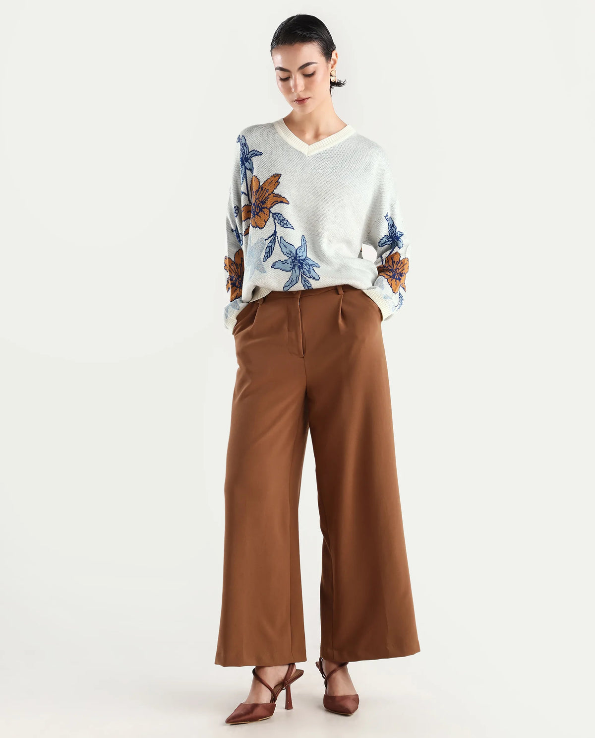Rareism Women's Cometry Off White Acrylic V-Neck Floral Print Relaxed Fit Sweater