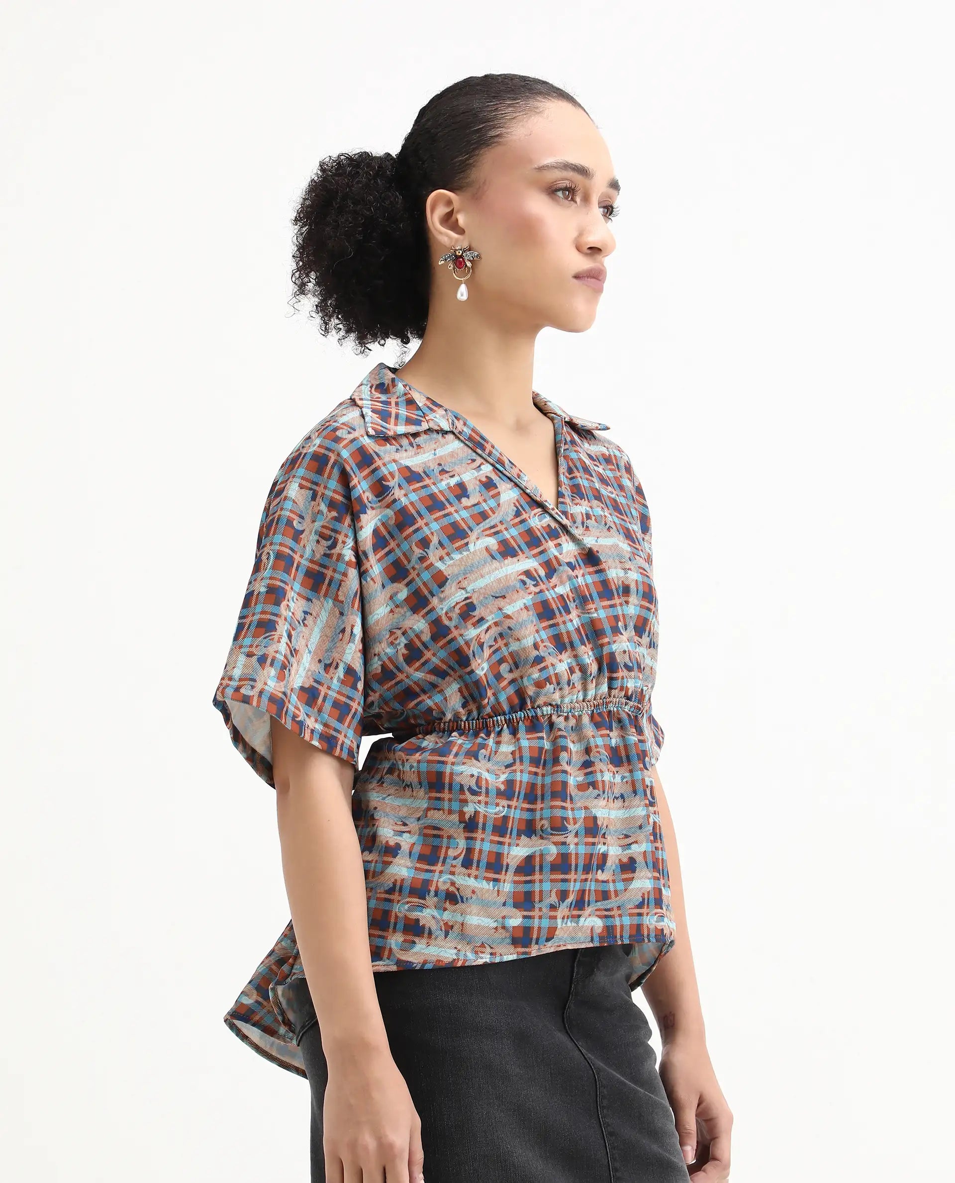 Rareism Women's Copo Dark Multi Polyester Johnny Collar Geometric Print Kimono Sleeve Regular Fit Top