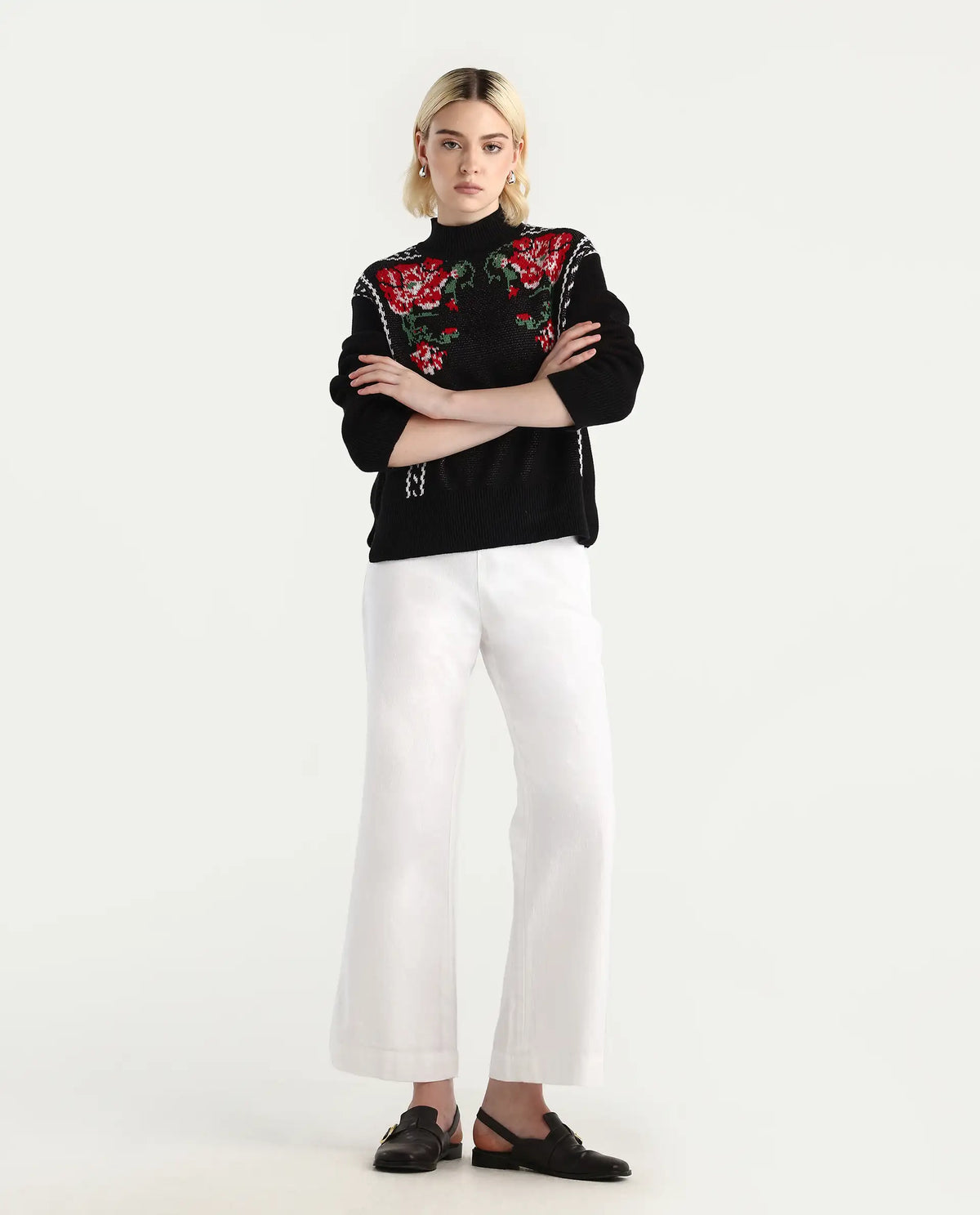 Rareism Women's Cosnew Black Cotton High Neck Relaxed Fit Sweater