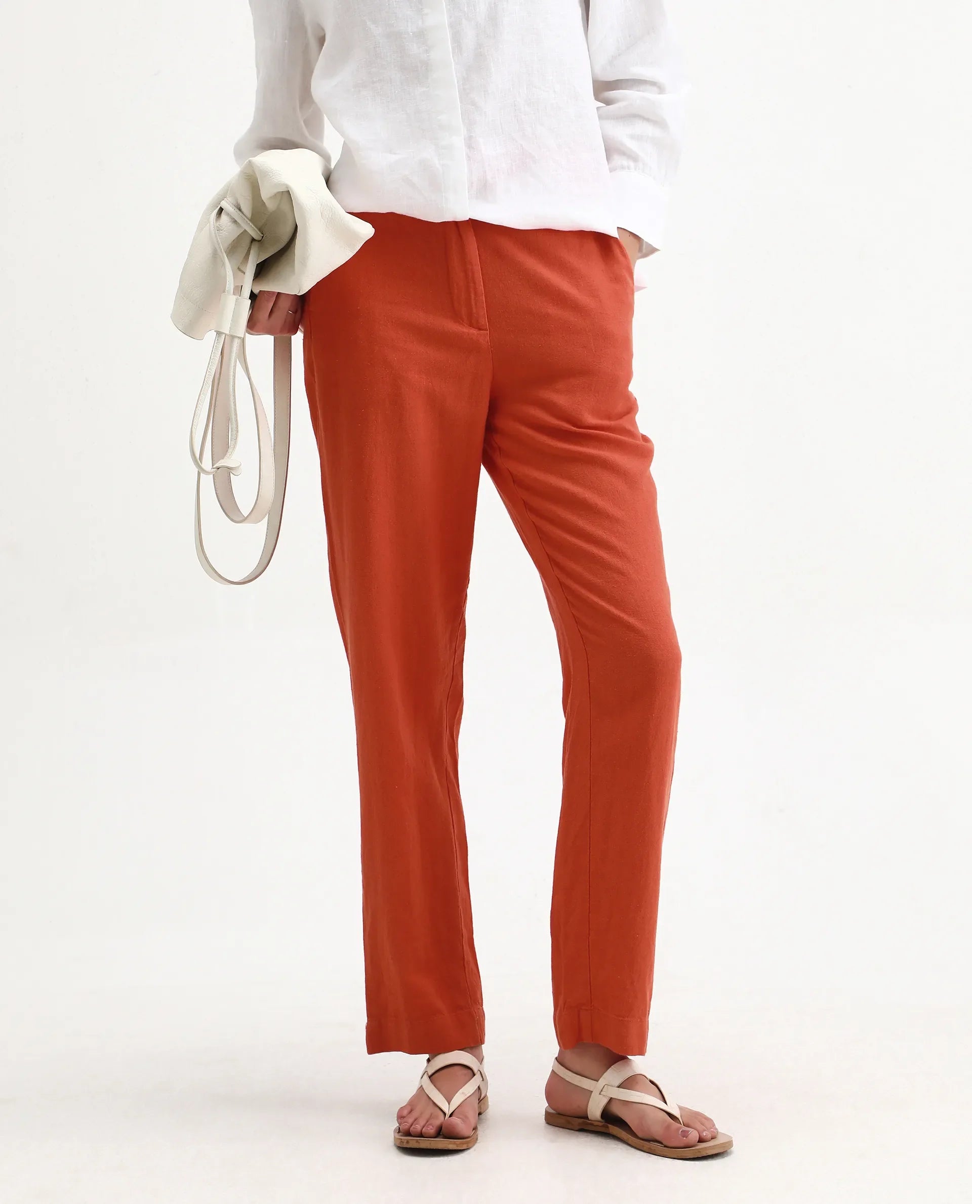 Rareism Women's Costa-B Pastel Rust Linen Plain Ankle Length Tapered Trouser