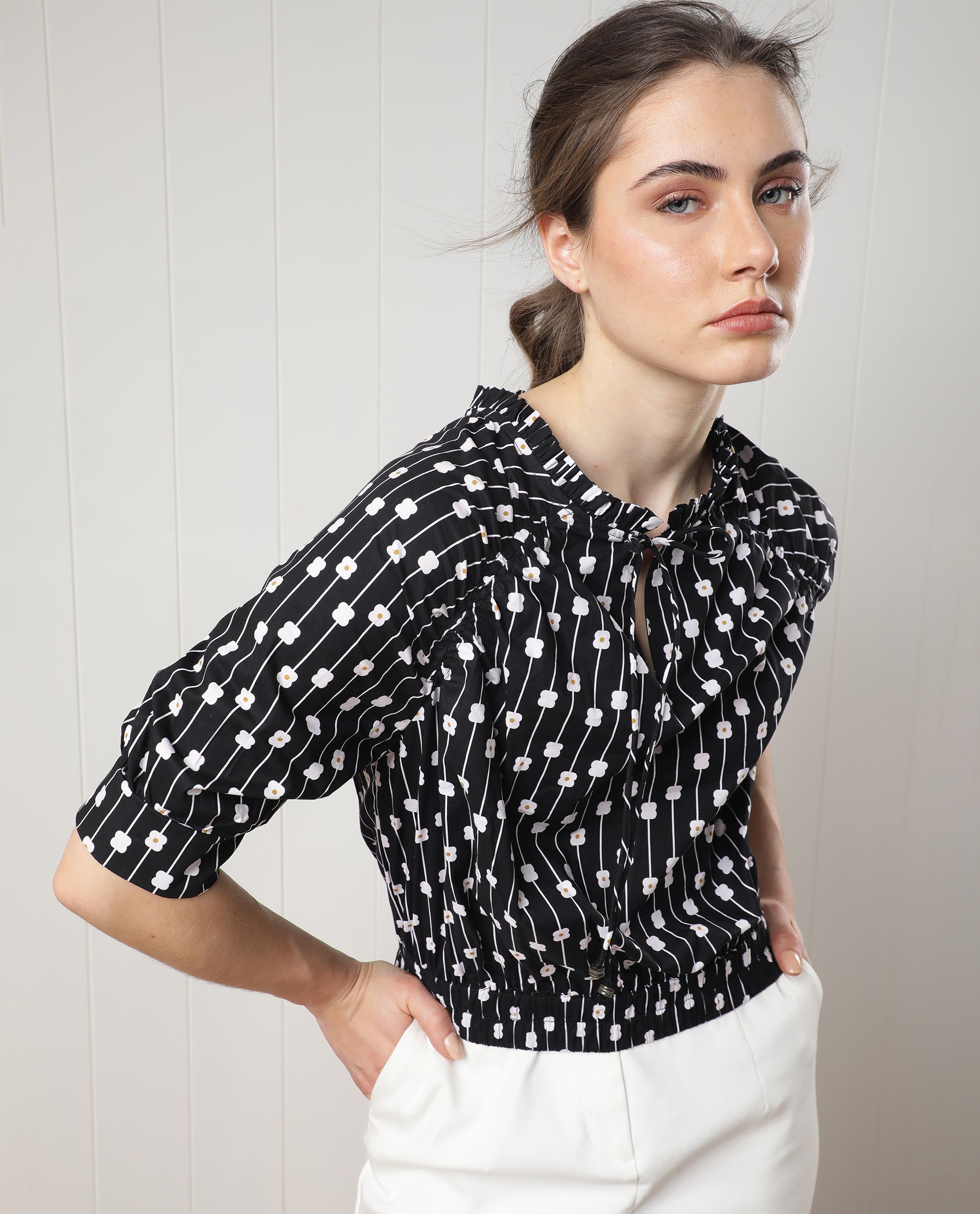 Rareism Women's Jack Black Cotton Tie-Up Neck Floral Print Volume Sleeve Relaxed Fit Top