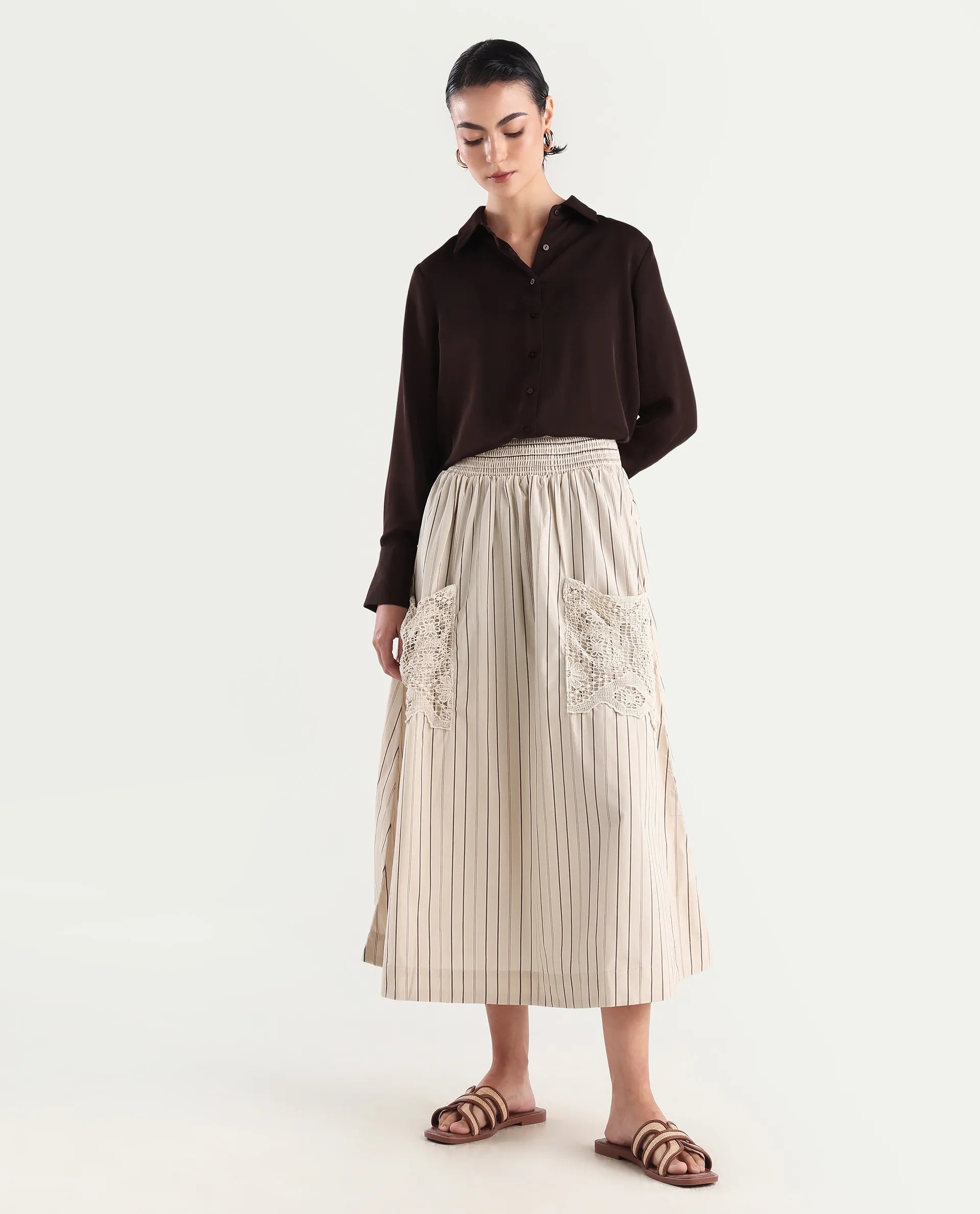 Rareism Women's Cuba-B Light Beige Cotton Plain Midi Flared Skirt