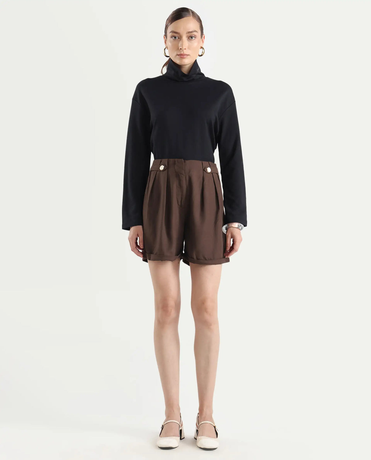 Rareism Women's Cunelo Brown Viscose Blend Plain Mini Regular Fit Shorts