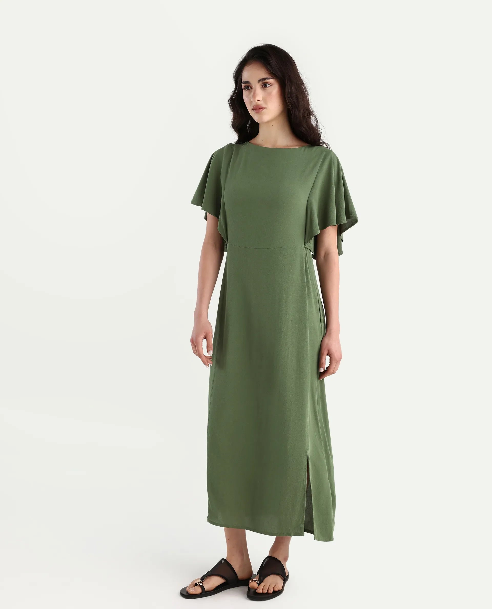 Rareism Women's Dana Green Crew Neck Plain Ruffled Sleeve Midi Fit And Flare Dress