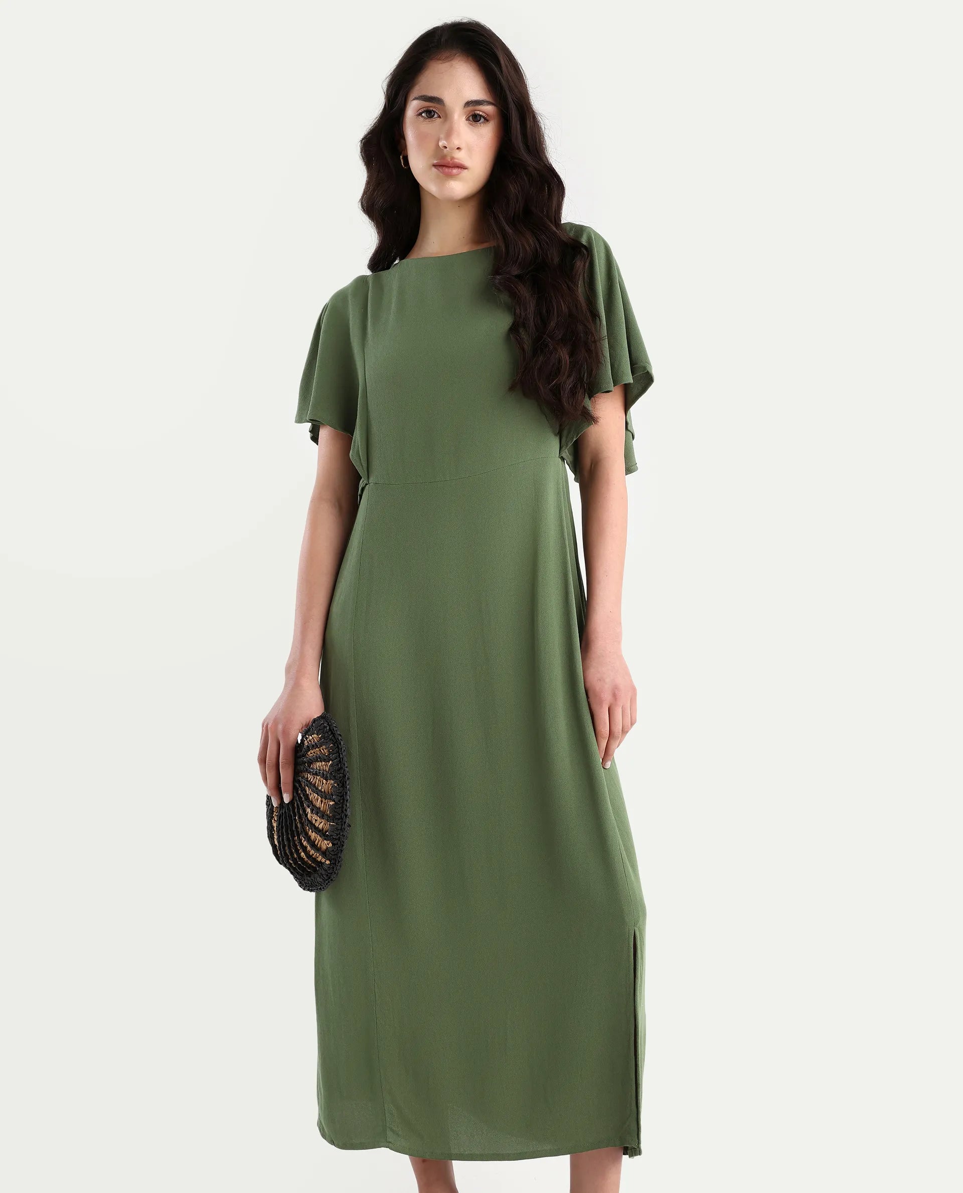 Rareism Women's Dana Green Crew Neck Plain Ruffled Sleeve Midi Fit And Flare Dress