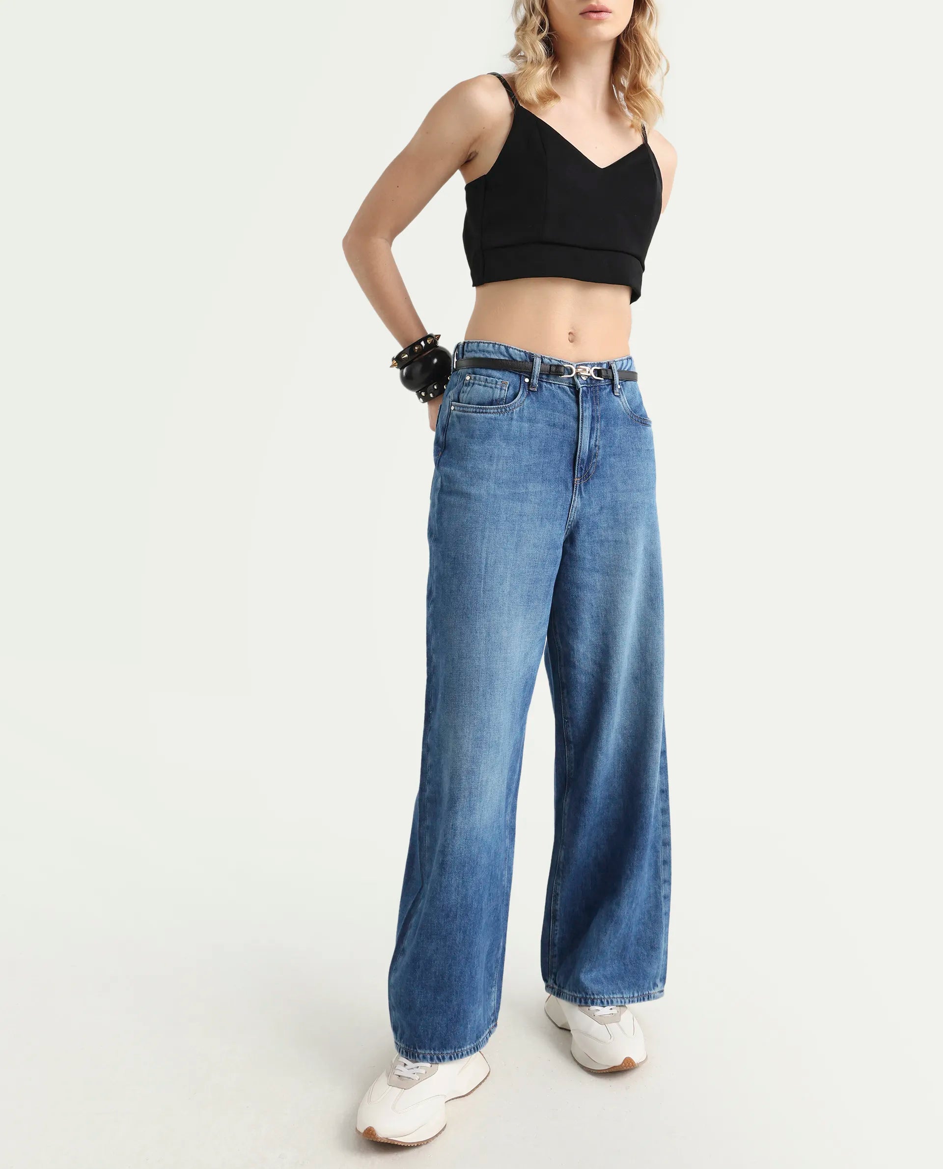 Rareism Women's Denil Light Blue Cotton Wide Leg Plain Jeans