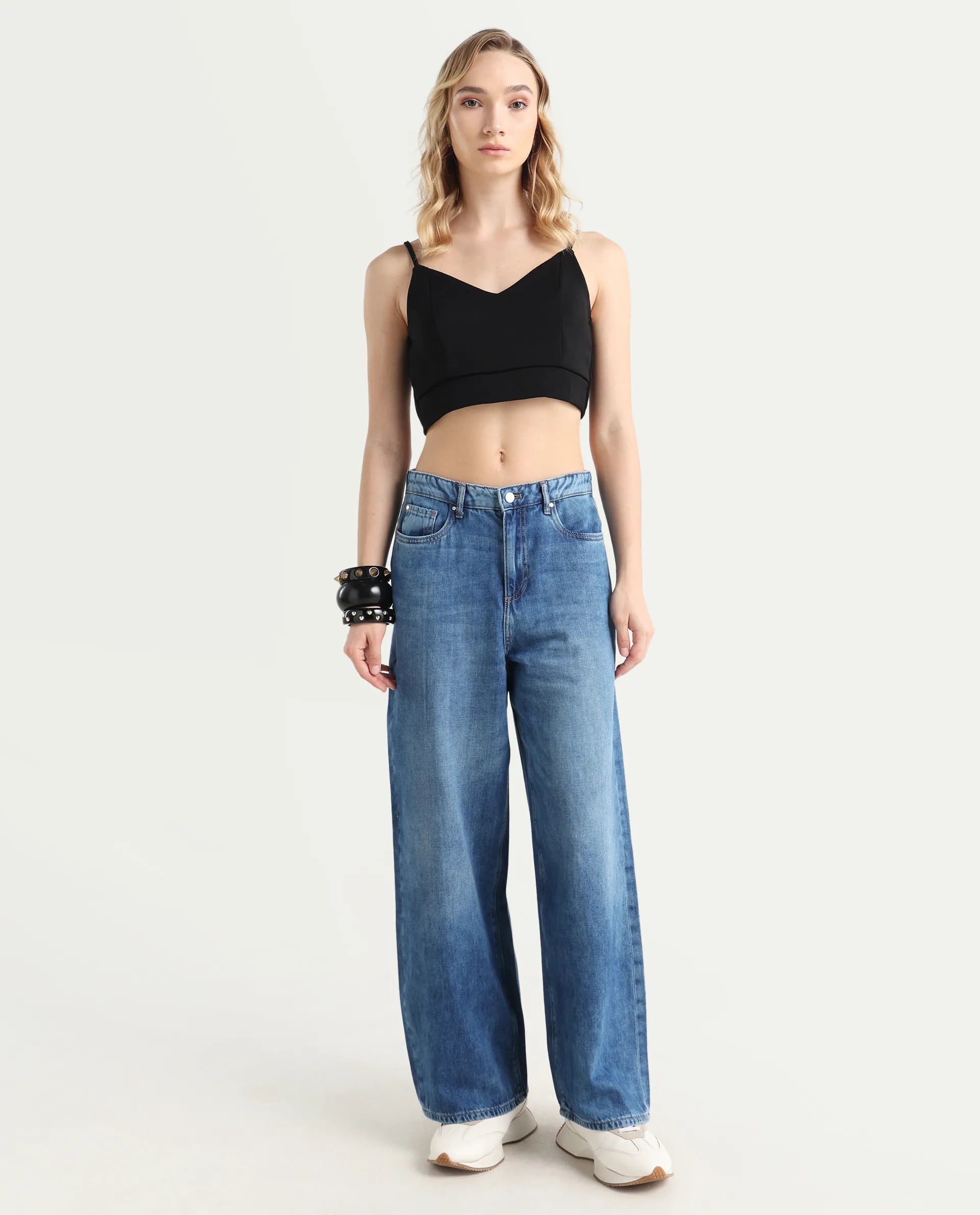 Rareism Women's Denil Light Blue Cotton Wide Leg Plain Jeans