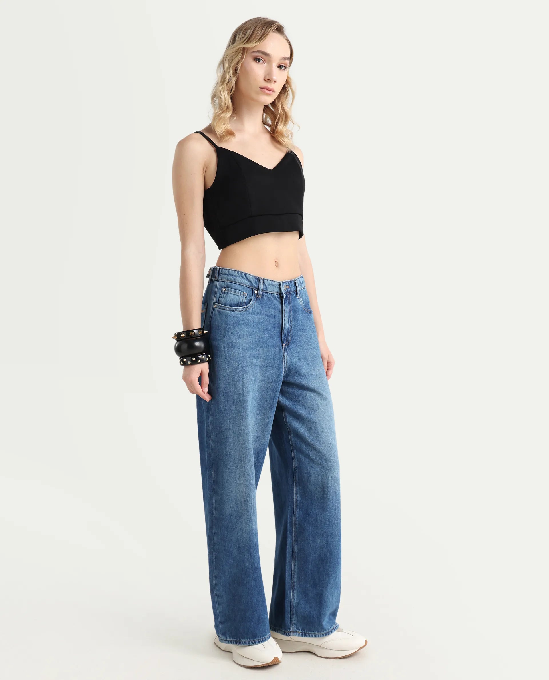 Rareism Women's Denil Light Blue Cotton Wide Leg Plain Jeans