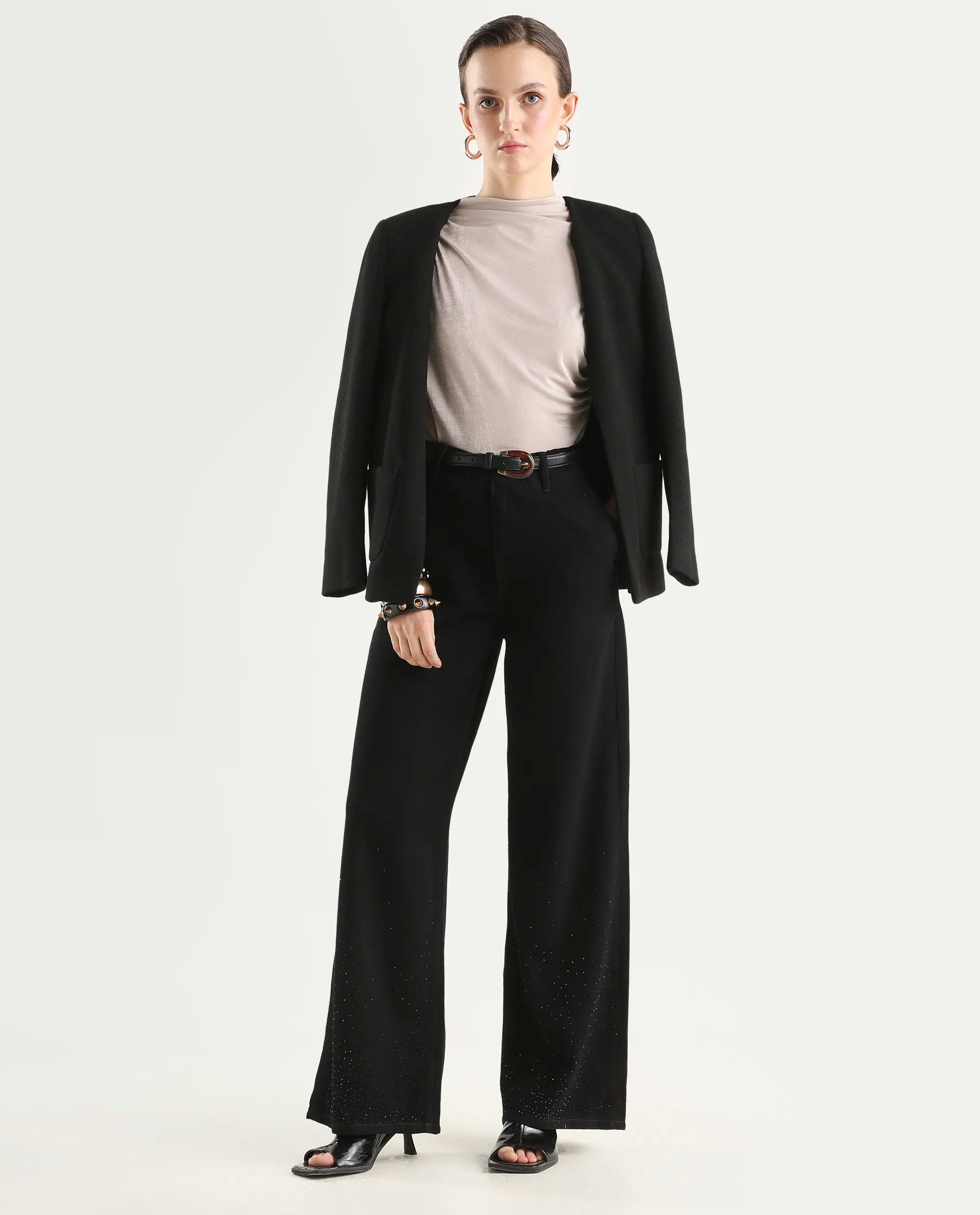 Rareism Women's Denir Black Cotton Wide Plain Jeans