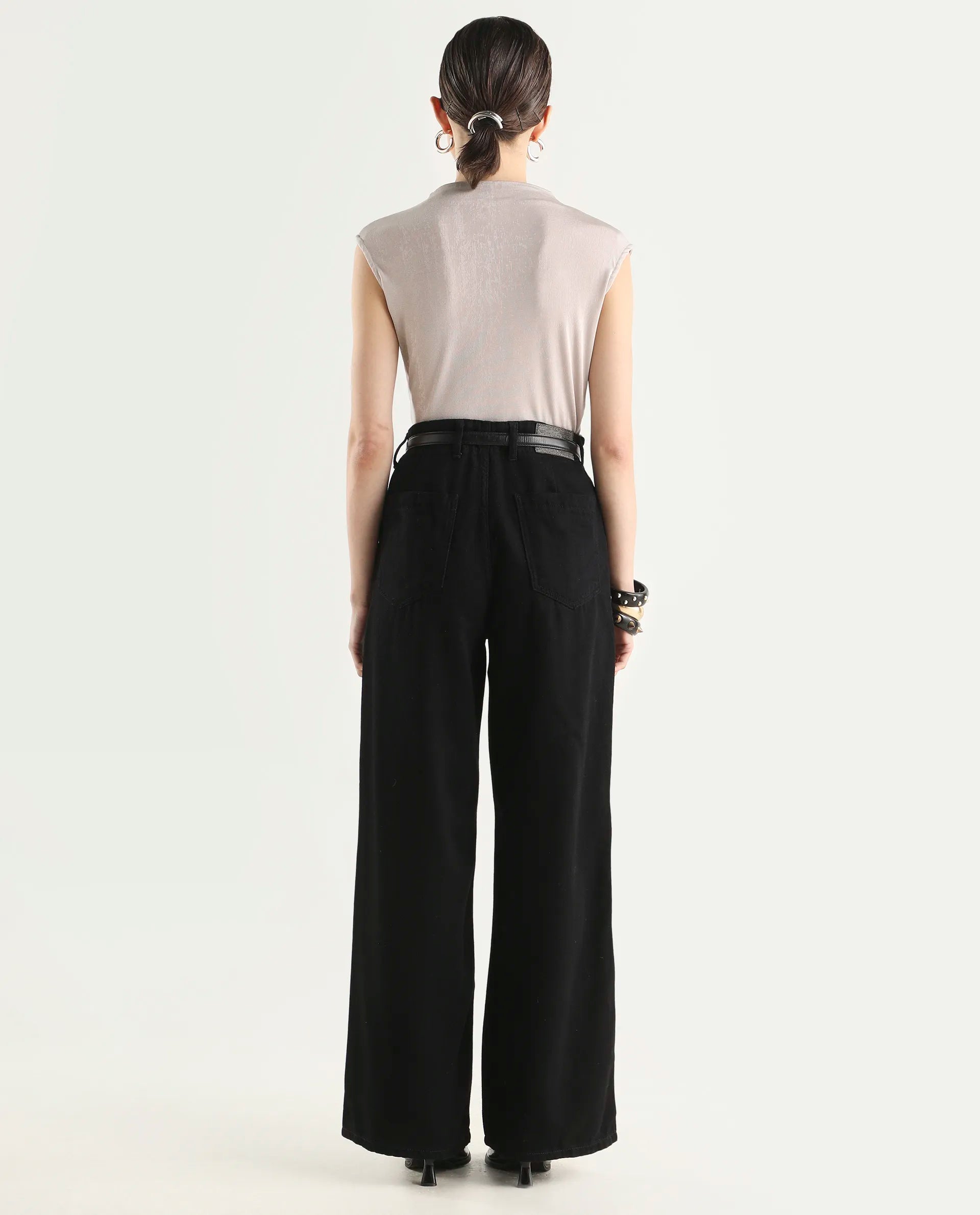 Rareism Women's Denir Black Cotton Wide Plain Jeans