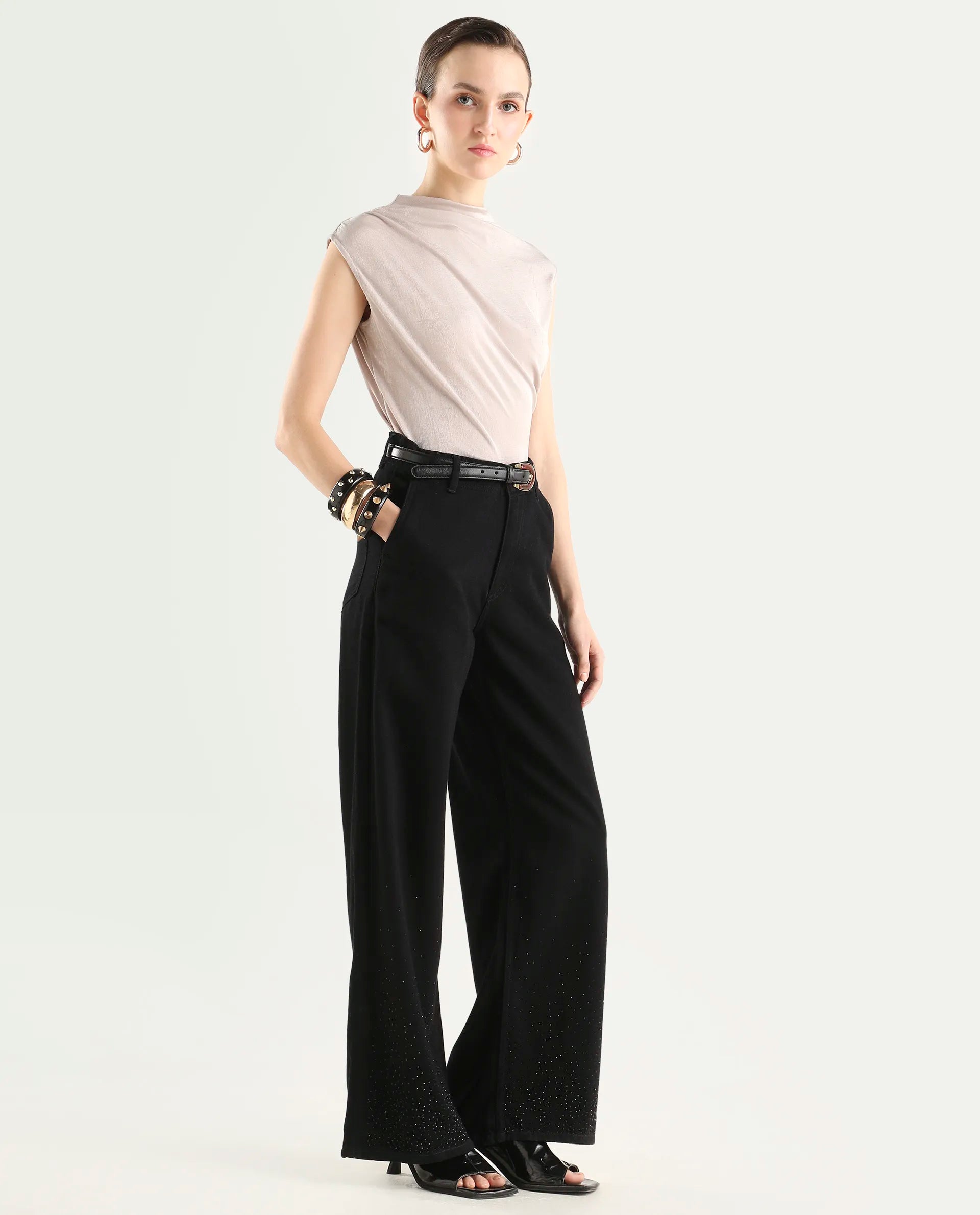 Rareism Women's Denir Black Cotton Wide Plain Jeans