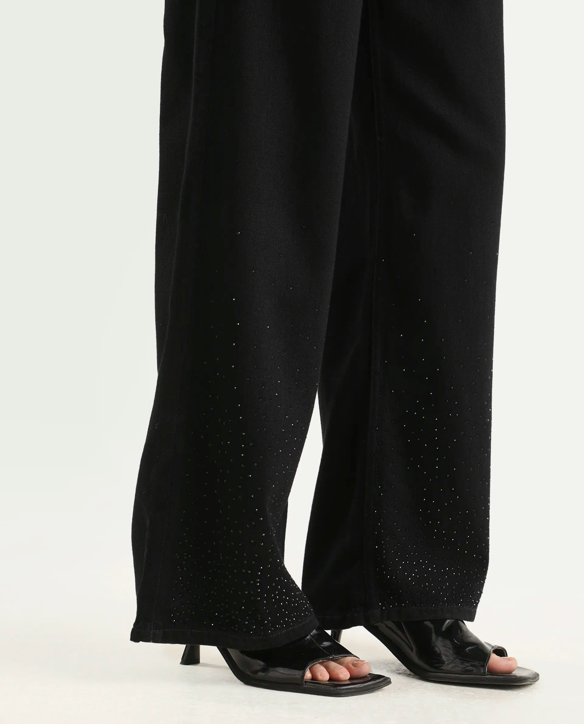 Rareism Women's Denir Black Cotton Wide Plain Jeans