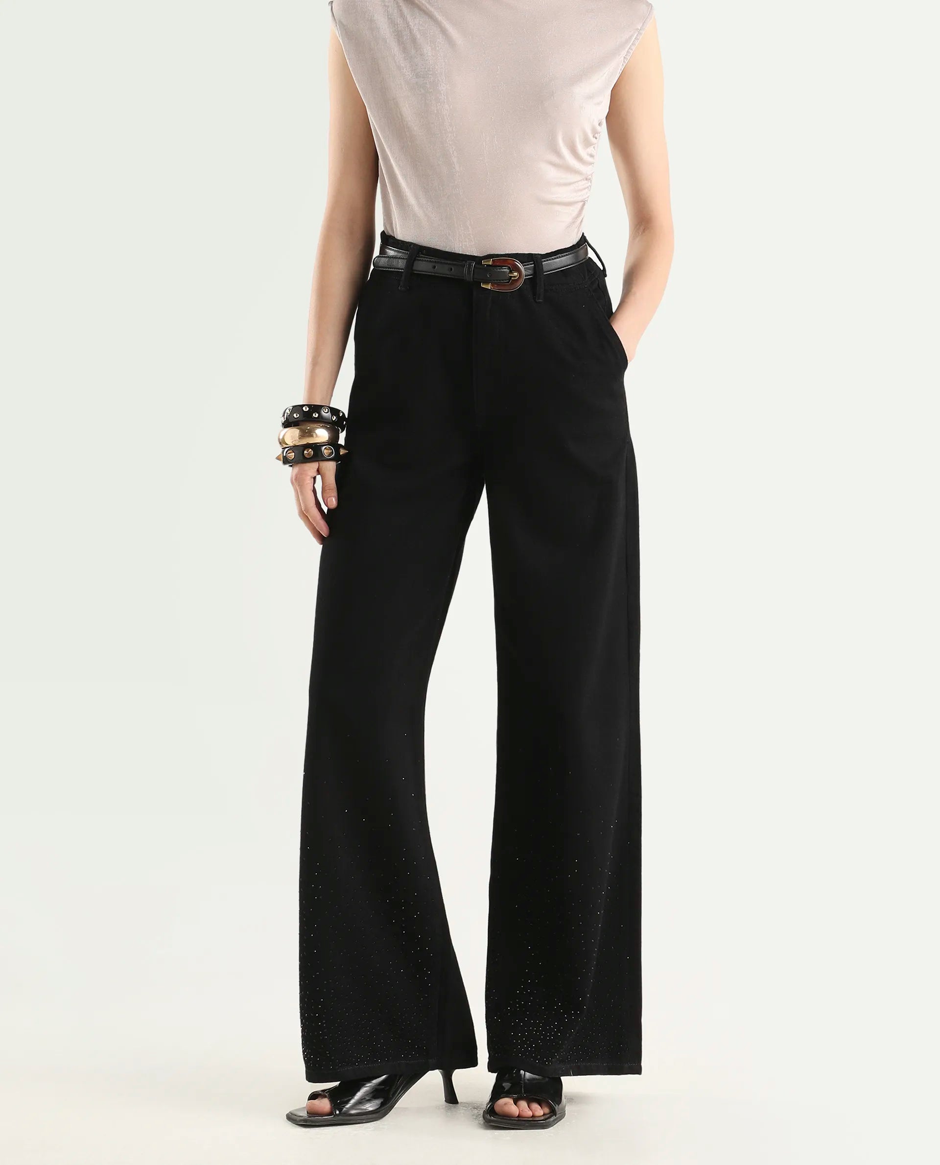 Rareism Women's Denir Black Cotton Wide Plain Jeans