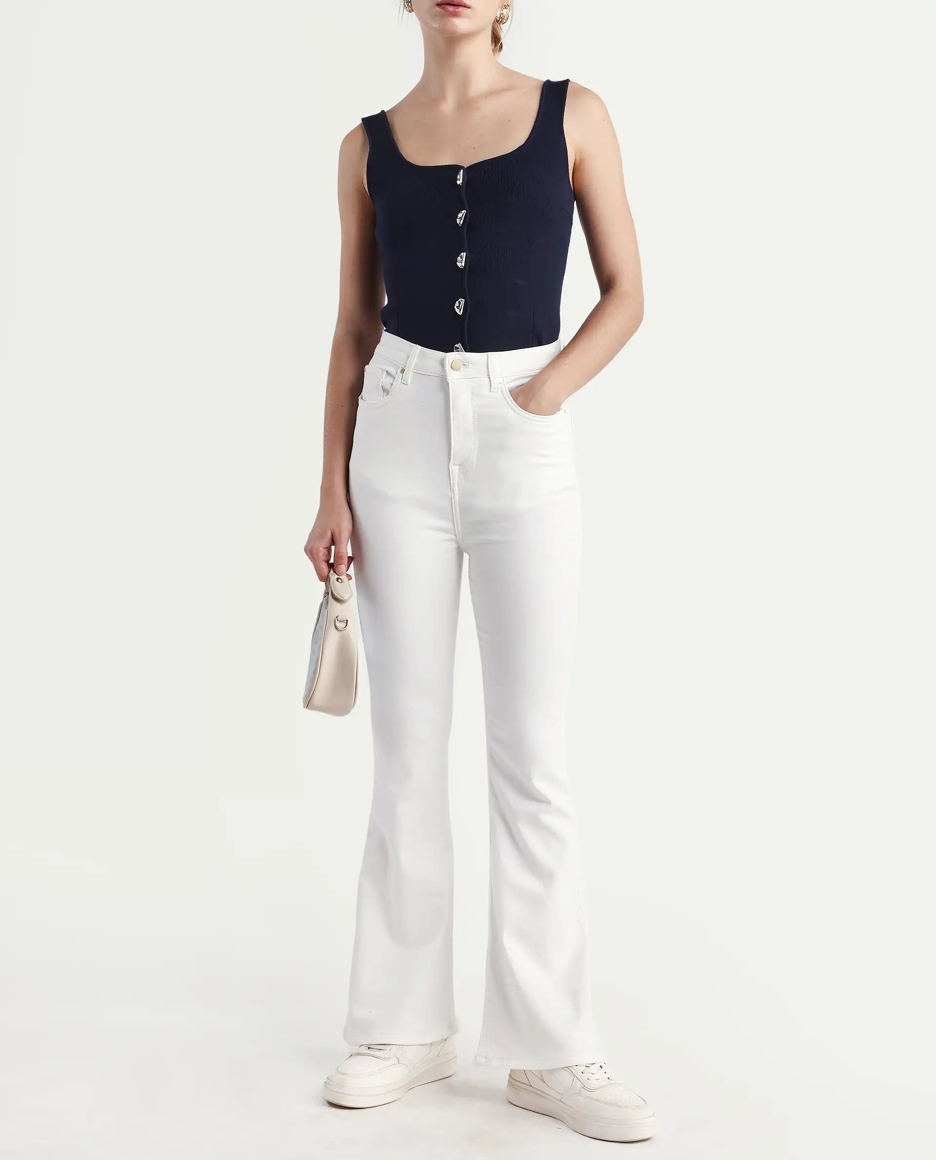 Rareism Women's Denro White Cotton Blend Bootcut Plain Jeans