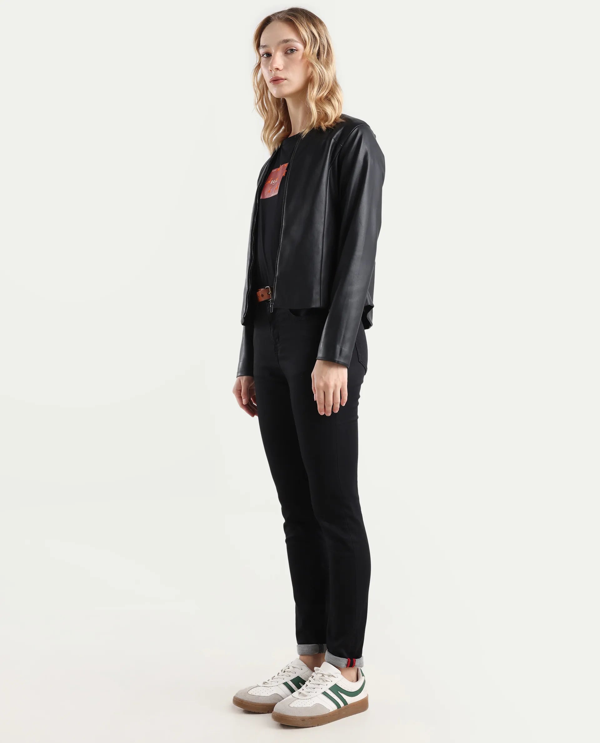 Rareism Women's Denzo Black Cotton Blend Skinny Plain Jeans