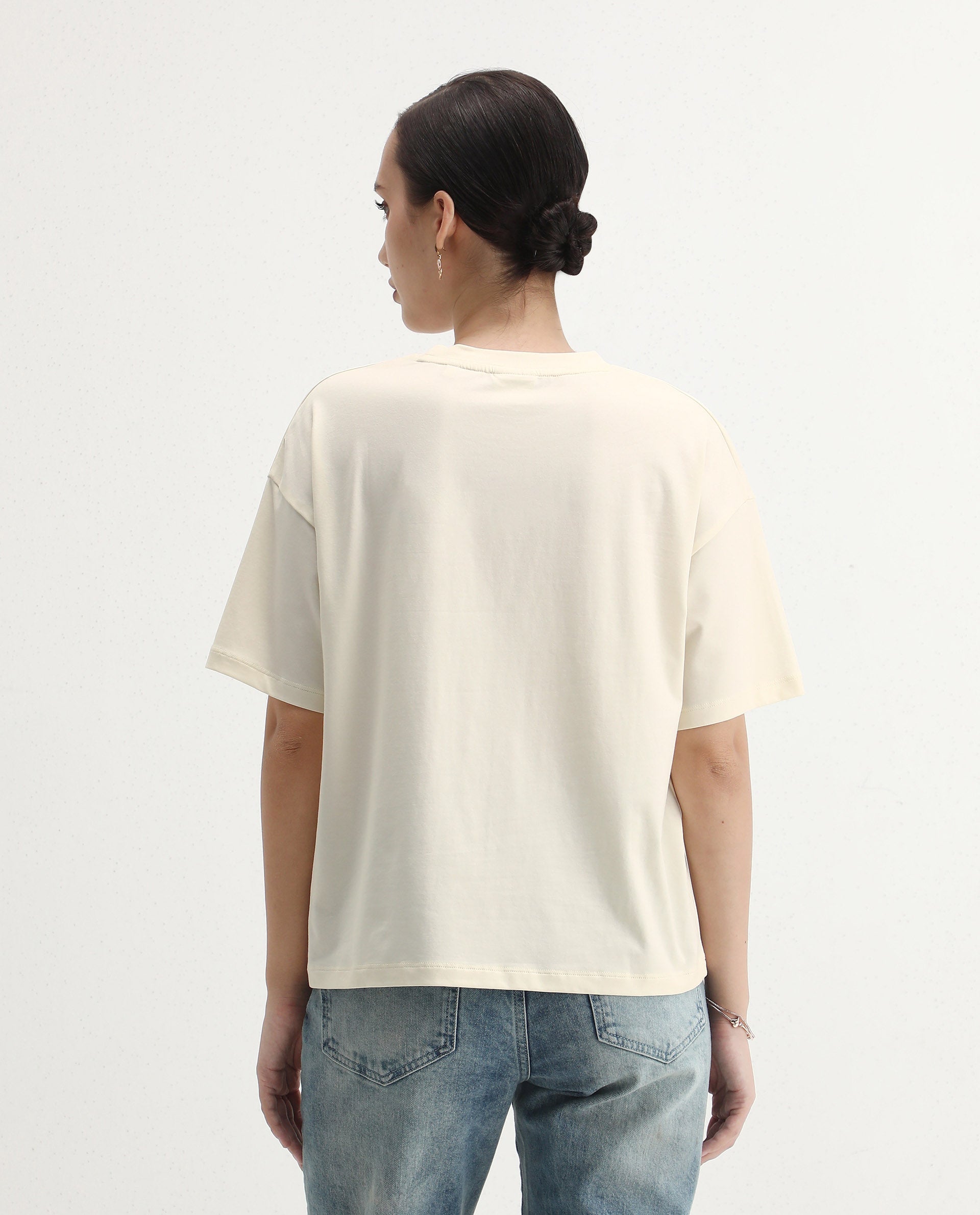 Rareism Women's Dewn Off White Cotton Blend Crew Neck Relaxed Fit T-Shirt