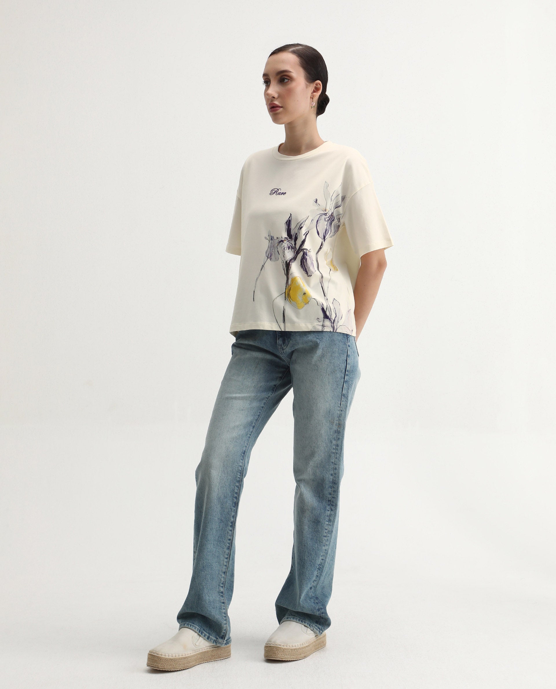 Rareism Women's Dewn Off White Cotton Blend Crew Neck Relaxed Fit T-Shirt