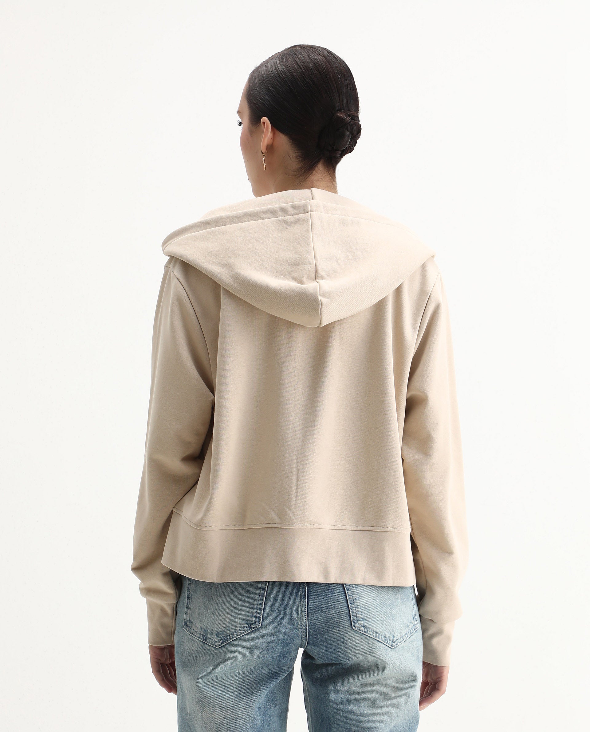 Rareism Women's Div Beige Cotton Blend Hooded Regular Fit Printed Sweatshirt