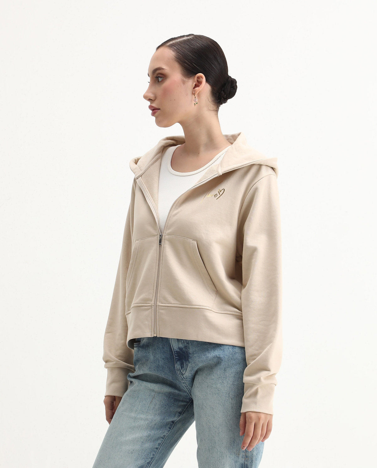 Rareism Women's Div Beige Cotton Blend Hooded Regular Fit Printed Sweatshirt