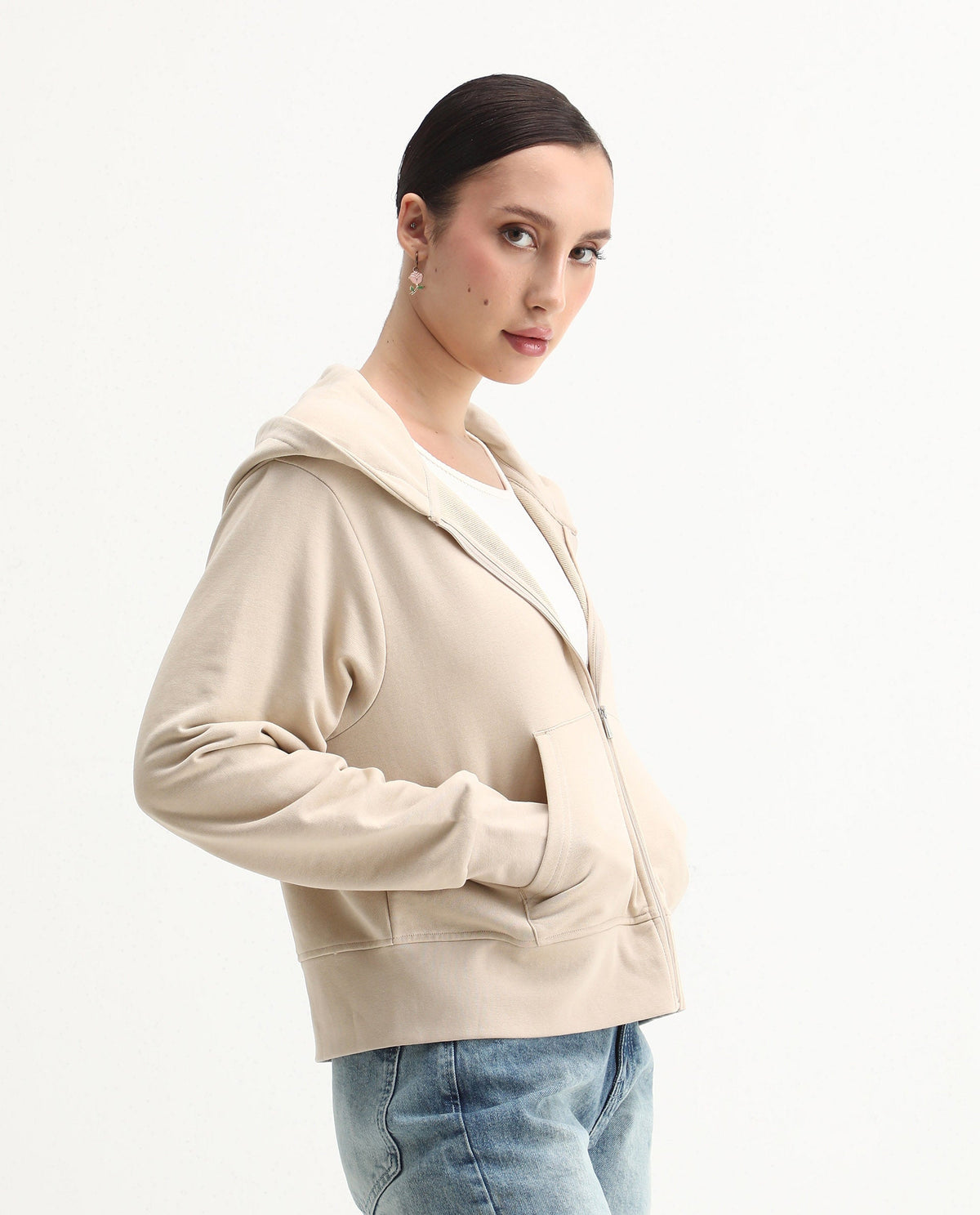 Rareism Women's Div Beige Cotton Blend Hooded Regular Fit Printed Sweatshirt