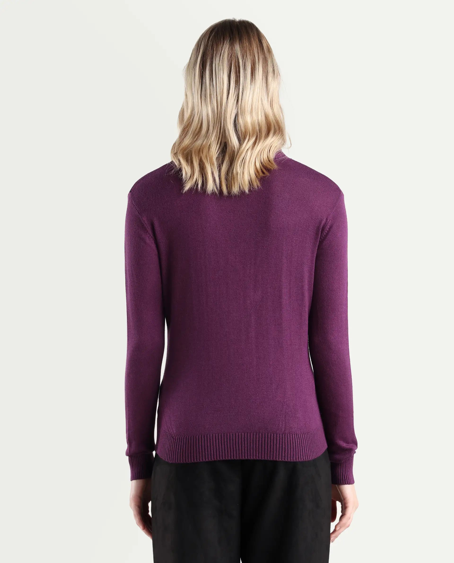 Rareism Women's Dolce Purple Viscose Tie-Up Neck Plain Regular Fit Sweater