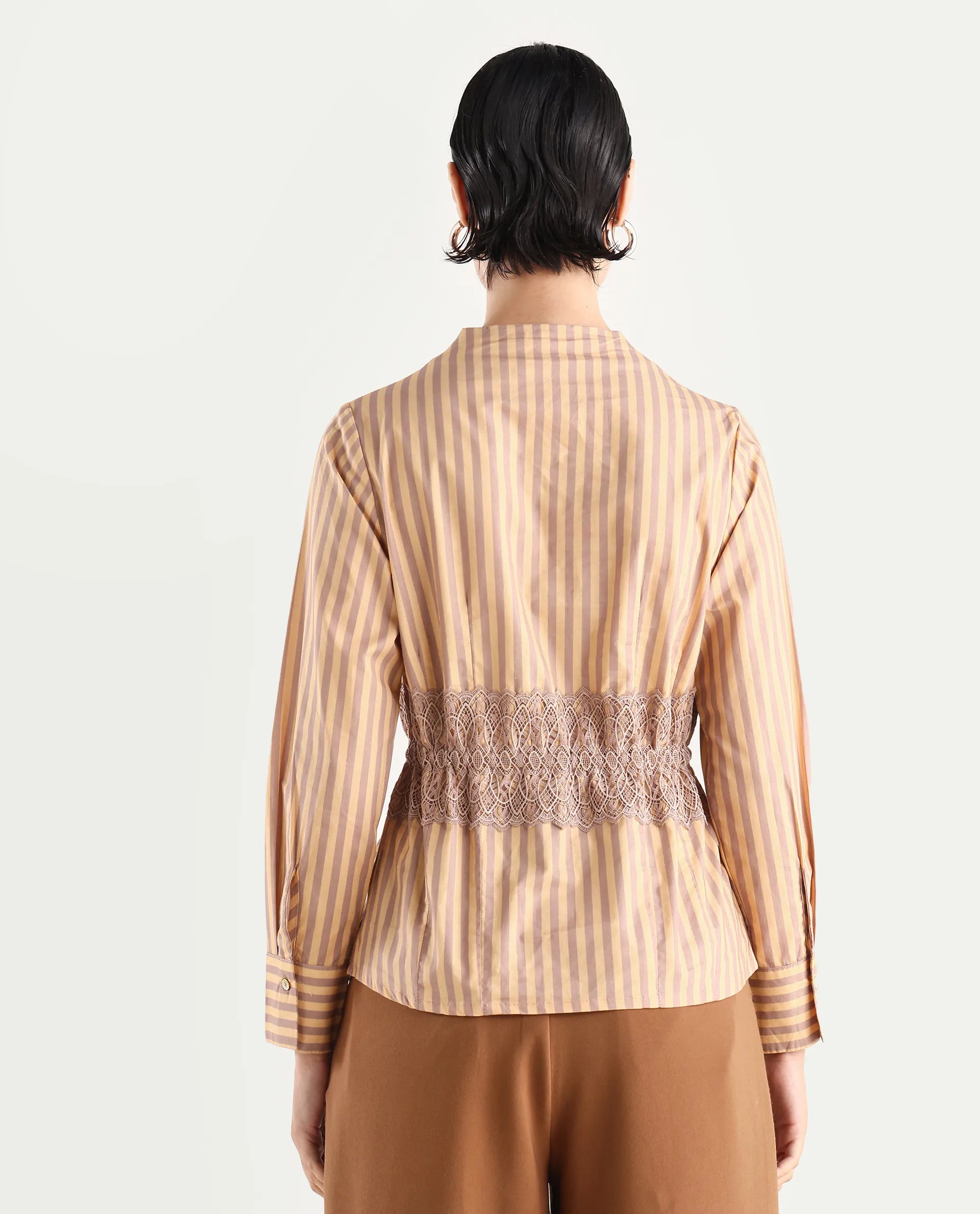 Rareism Women's Dooze Tan Cotton V-Neck Striped Cuffed Sleeve Regular Fit Top