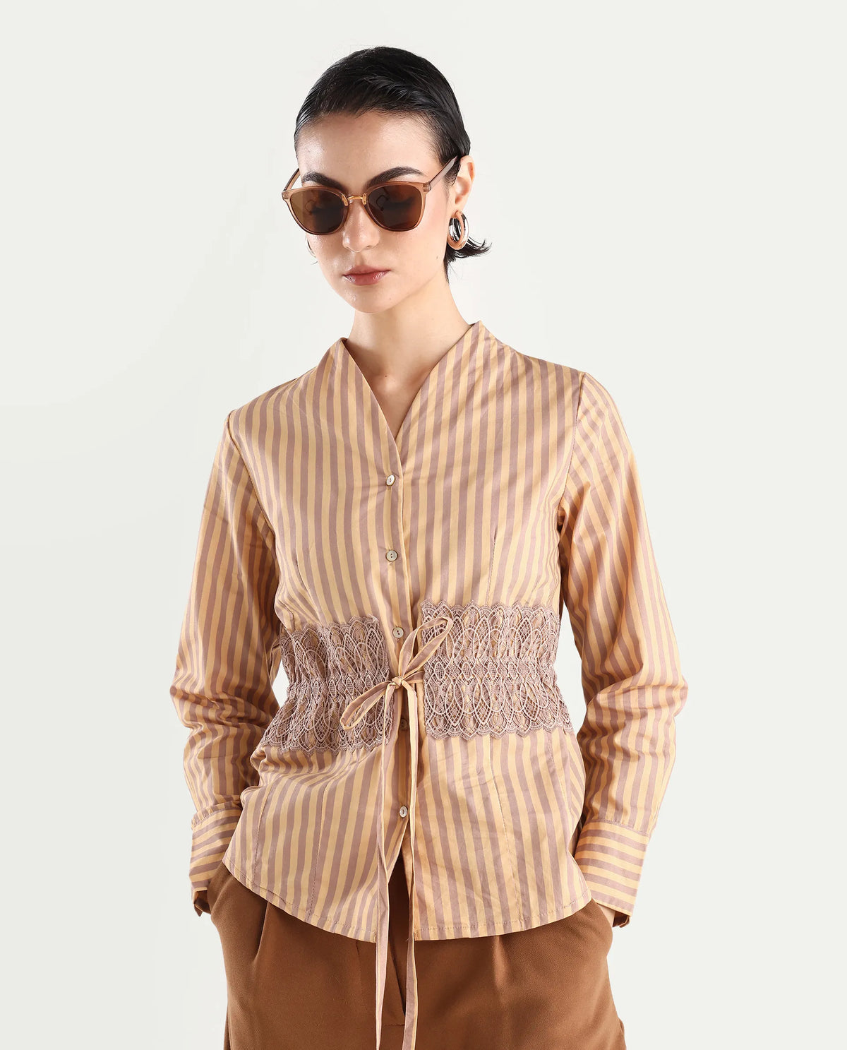 Rareism Women's Dooze Tan Cotton V-Neck Striped Cuffed Sleeve Regular Fit Top